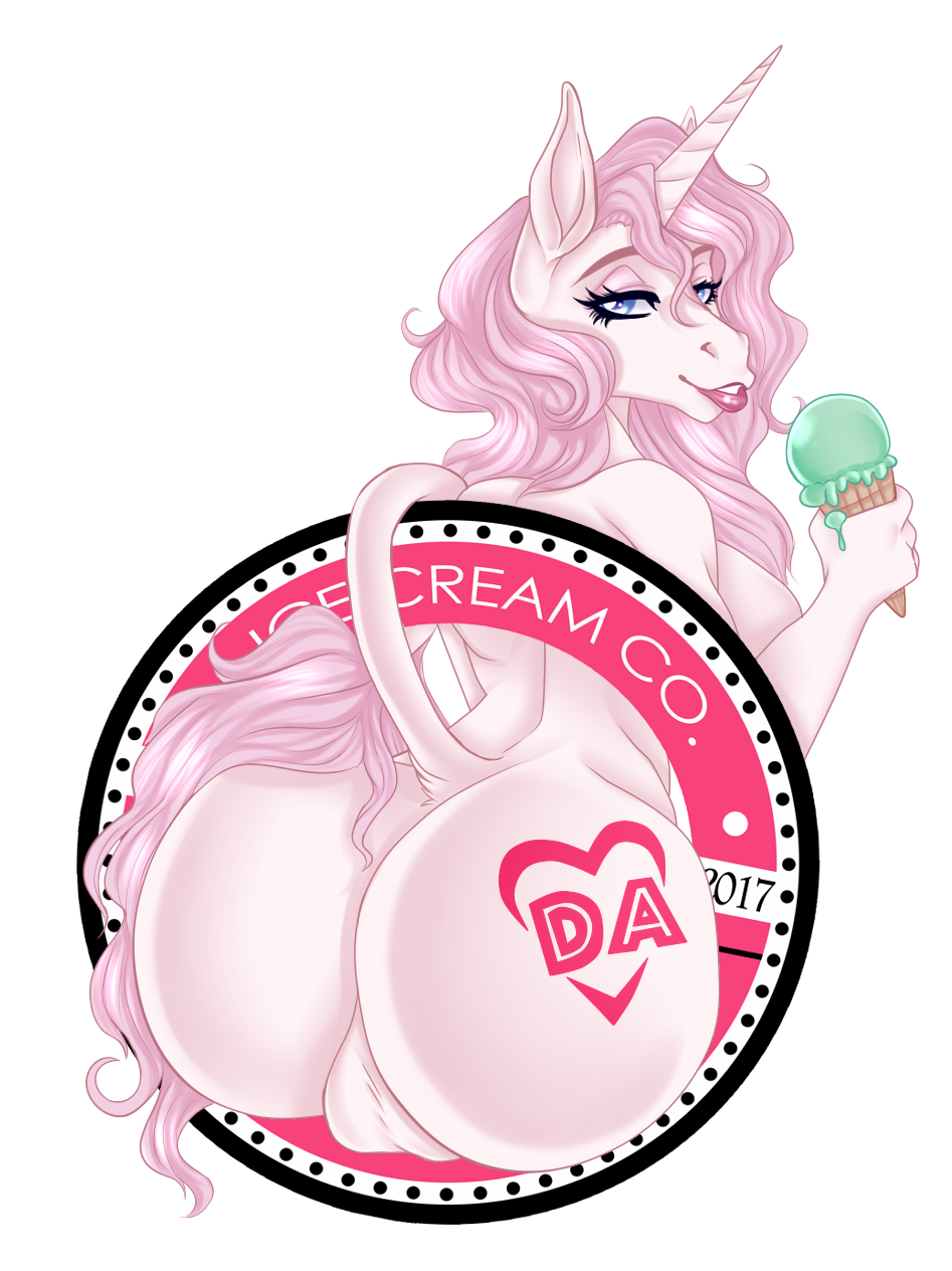 alpha_channel anthro ass backsack balls blue_eyes body_writing breasts dairy_air dessert equid equine food fur genitals gynomorph hair hi_res horn ice_cream intersex lipstick logo looking_at_viewer makeup mammal parody perineum pink_hair presenting presenting_hindquarters raised_tail rosie_(roselynn_meadow) solo taurus-creations unicorn white_body white_fur