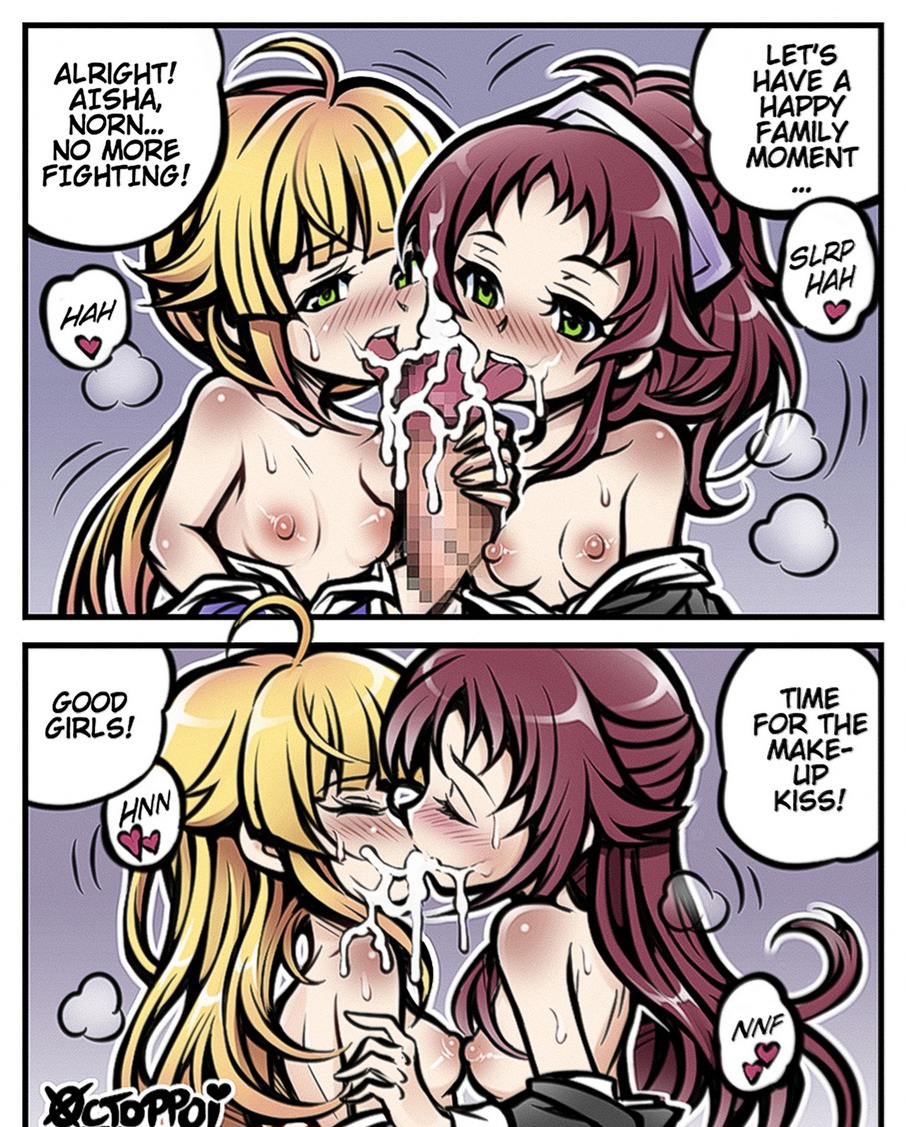 2girls, ahoge, aisha greyrat, blonde hair, blush, blushing, blushing female, brother and sister, brother and sisters, covered in cum, cum, cum on face, cum on hair, cum on penis, cum on tongue, double fellatio, ffm, ffm threesome, green eyes, incest, incestuous, kiss, kissing, large penis, lesbian, lesbian kiss, licking, licking cum, licking penis, lots of cum, mushoku tensei, mushoku tensei: isekai ittara honki dasu, norn greyrat, octoppoi, red hair, rudeus greyrat, shimaidon, sisters, small breasts, threesome, yuri