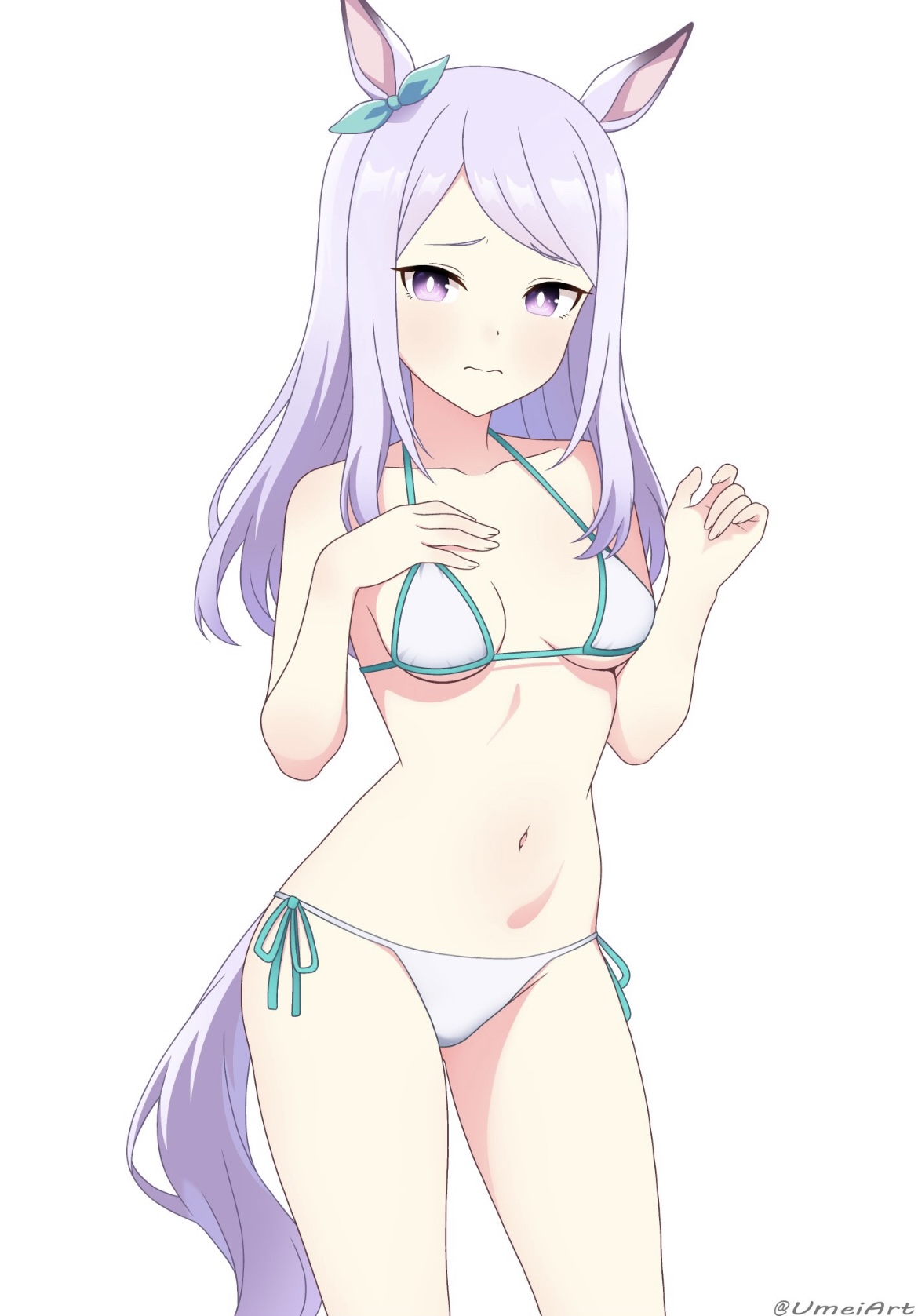 belly, bikini, bikini only, cute, cute face, female, female focus, female only, flat chest, flat chested, flustered, flustered female, hand on chest, horse, horse ears, horse girl, horse tail, mejiro mcqueen (umamusume), midriff, pale-skinned female, petite, petite body, petite female, purple eyes, purple hair, sexy, sexy body, shoulder length hair, skinny, skinny female, slight blush, small breasts, solo, solo female, solo focus, tummy, umamusume, umamusume pretty derby, umeiart