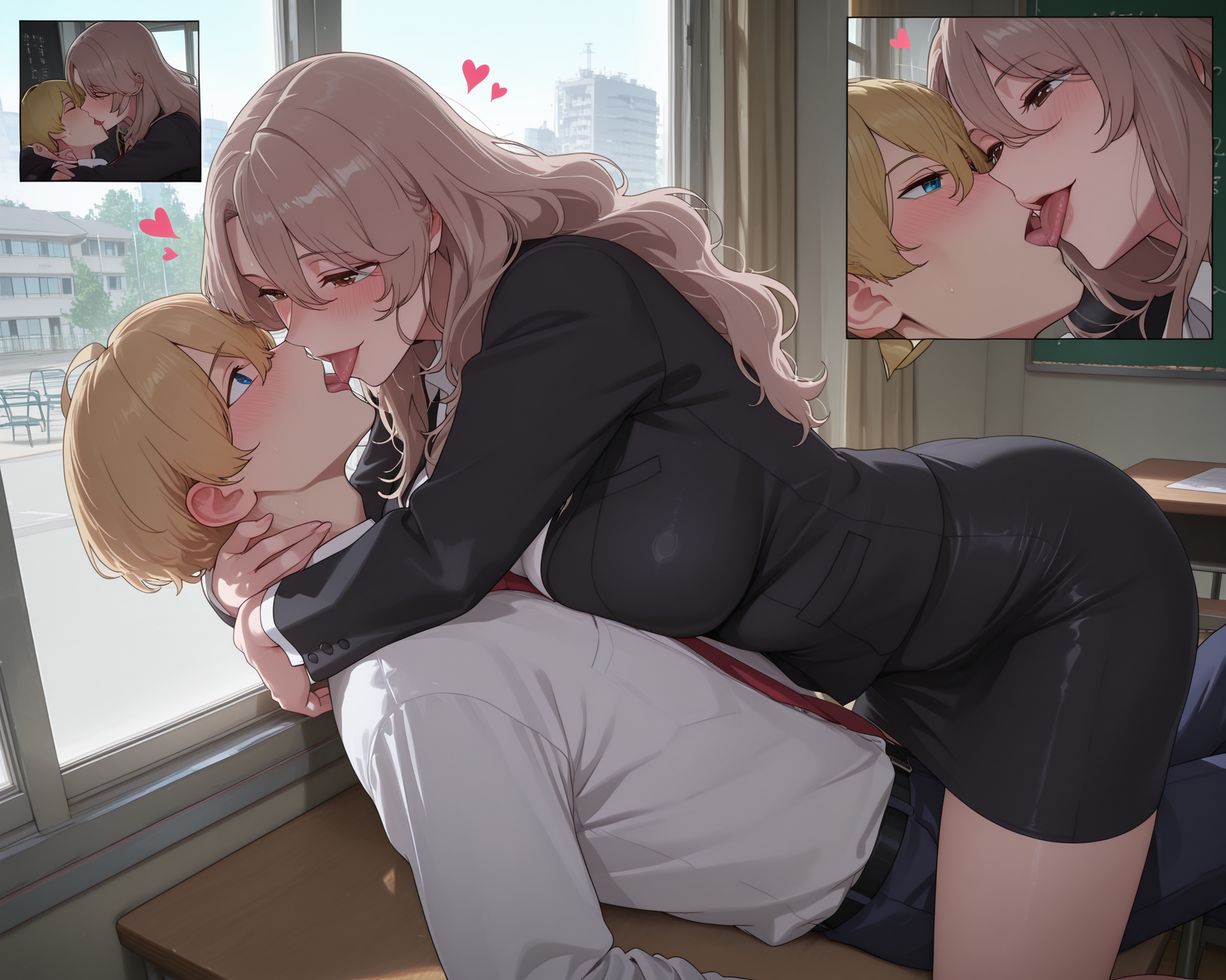1boy, ai generated, aroused, big breasts, black blazer, black skirt, black uniform, blonde hair, blue eyes, blush, brown eyes, cowgirl position, day, female, femdom, french kiss, gabrail, heart, horny, hoshino aquamarine, incest, kissing, light brown hair, long hair, mature female, milf, mother, mother and son, multiple views, office lady, on desk, oshi no ko, parted bangs, saitou miyako, school, school uniform, secretary, shiny skin, short hair, skirt, son, teenager, tie, tight skirt, tongue, tongue kiss, tongue out, wavy hair, white shirt, window