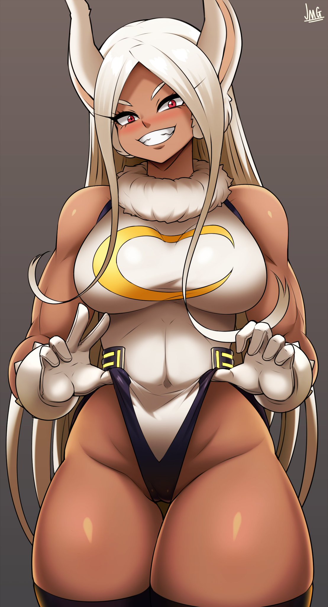 1girls, big ass, big breasts, blush, jmg, looking at viewer, mirko, miruko, muscular female, my hero academia, rabbit ears, rabbit tail, red eyes, rumi usagiyama, superheroine, thick thighs, tomboy, white hair