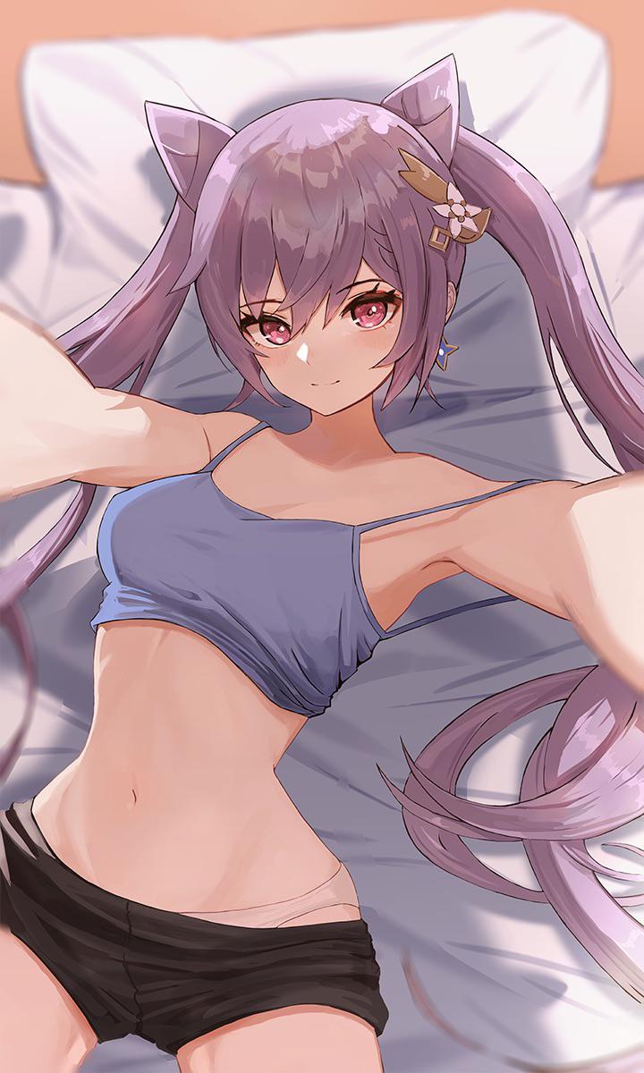 1girls, bedsheets, belly button, breasts, female, genshin impact, keqing (genshin impact), looking at viewer, lying, midriff, moth1, navel, on back, on bed, panties, panty peek, pillow, pov, reaching out, short shorts, shorts, smile, tank top, twintails, underwear