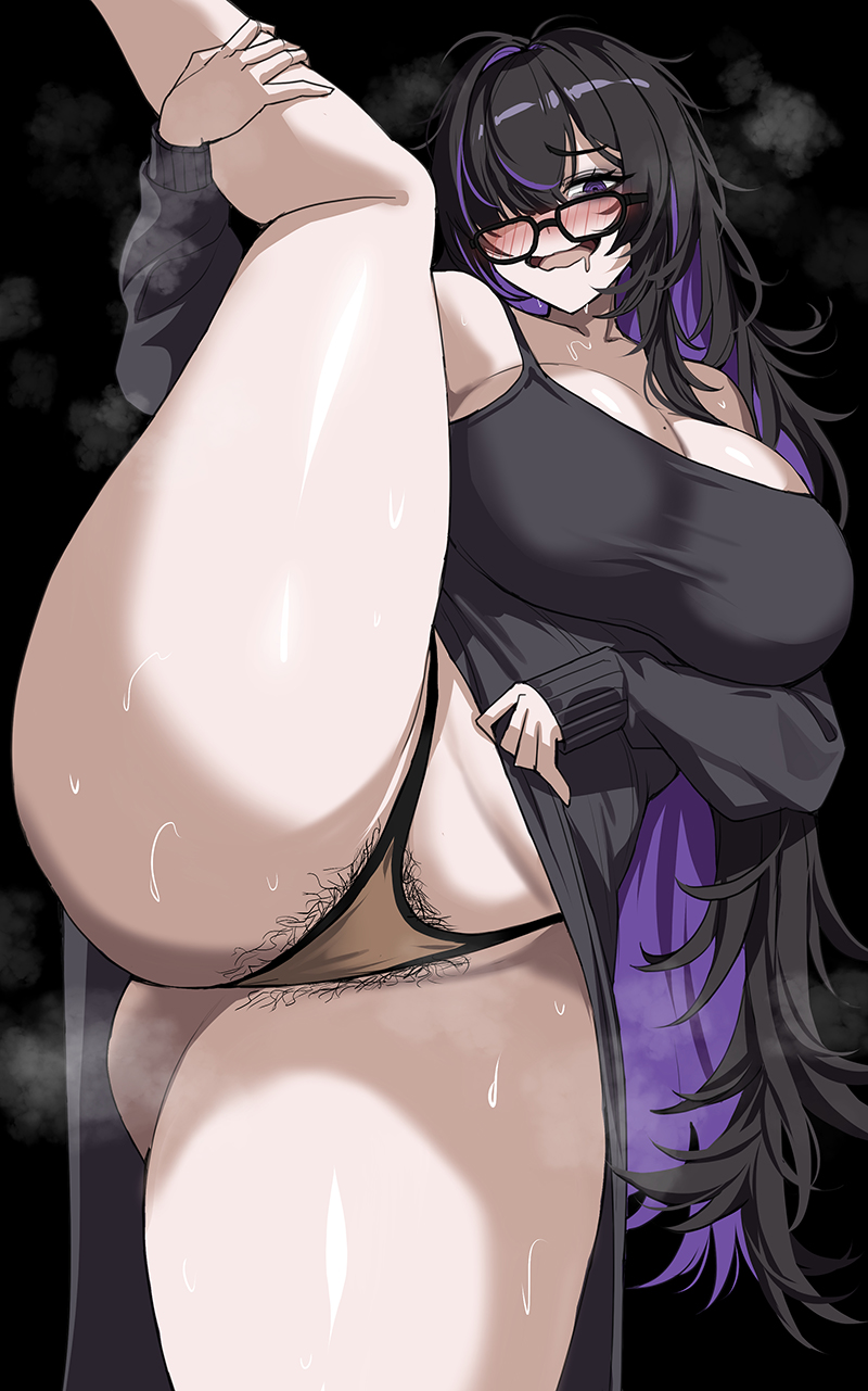 1girls, 2026, 2d, 2d (artwork), 2d artwork, ass, beauty mark, big ass, big breasts, big butt, black hair, blush, blush lines, bubble ass, bubble butt, cleavage, curvaceous, curvy, curvy body, curvy female, curvy figure, curvy hips, drogod (artist), drool, drool on face, drool string, drooling, female, female only, glasses, goddess of victory: nikke, hair over one eye, hi res, highres, huge breasts, label (nikke), large ass, large breasts, large butt, light skin, light-skinned female, long hair, messy hair, mole, mole on breast, neet, pale skin, pale-skinned female, panties, presenting, presenting pussy, pubes, pubic hair, purple hair, round ass, round butt, saliva, saliva drip, saliva trail, solo, solo female, splits, standing, standing on one leg, standing split, steam, steaming body, straight hair, sweat, sweatdrop, sweating, sweaty, sweaty body, thick, thick hips, thick legs, thick thighs, thighs, thighs bigger than head, very long hair, voluptuous, voluptuous female, wide hips