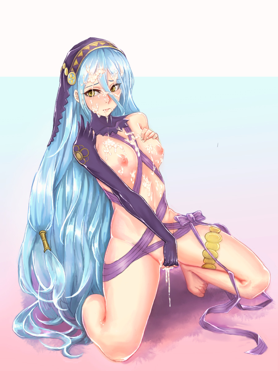 1girls, after sex, after vaginal, alternate costume, aqua hair, azura (fire emblem), barefoot, blush, breasts, covering crotch, cum, cum in pussy, cum inside, cum on body, cum on breasts, cum on face, detached collar, elbow gloves, facial, female, female only, fingerless gloves, fire emblem, fire emblem fates, fire emblem heroes, full body, gloves, hair between eyes, highres, human, kneeling, long hair, looking at viewer, midriff, nintendo, nipples, pocari66, pussy, sash, self fondle, single glove, solo, spread legs, tiptoes, veil, very long hair, yellow eyes