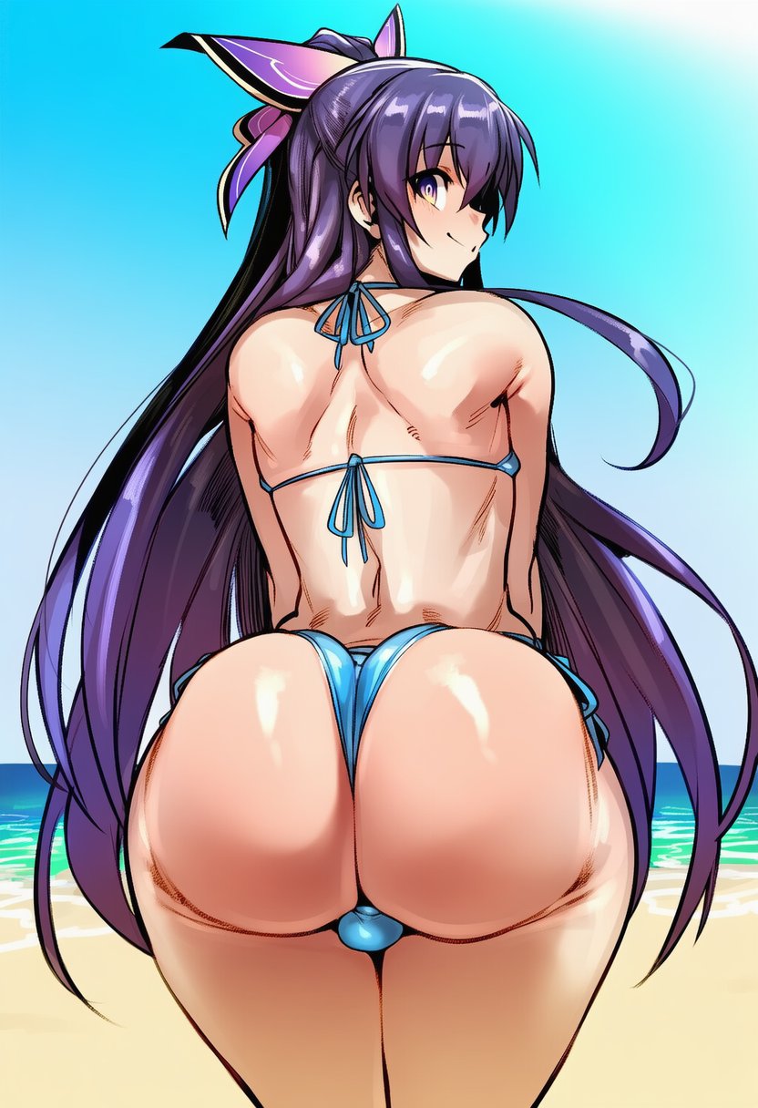 1boy, 2d, ai generated, ass, ass focus, back, beach, big ass, big butt, big thighs, bikini, blue bikini, blue sky, bubble butt, bulge, closed mouth, crossdressing, cyreneceo, date a live, day, femboy, from behind, genderswap (ftm), hair ornament, huge ass, huge butt, large ass, large butt, large thighs, long hair, looking at viewer, looking back, looking back at viewer, male, ocean, otoko no ko, outdoors, purple eyes, purple hair, rule 63, side-tie bikini bottom, sky, smile, solo, solo focus, swimsuit, thick ass, thick butt, thick thighs, thighs, thong bikini, very long hair, yatogami tohka
