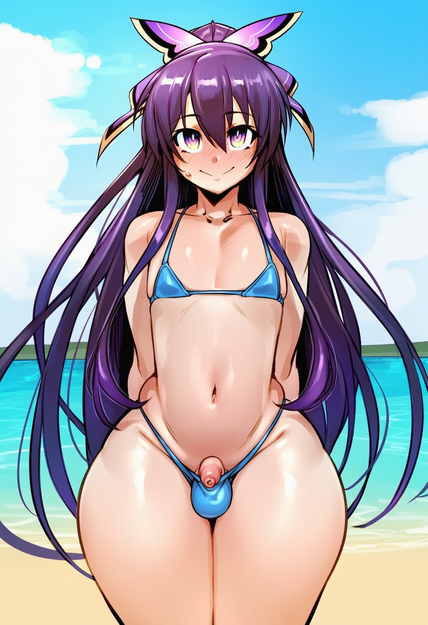 1boy, 1femboy, 2d, ai generated, arms behind back, ass, balls, beach, big ass, big butt, big thighs, bikini, blue bikini, blue sky, blush, cloud, cock, crossdressing, cyreneceo, date a live, day, femboy, femboy only, foreskin, genderswap (ftm), hair between eyes, hair ornament, large ass, large butt, large thighs, long hair, looking at viewer, male, male focus, male only, navel, ocean, otoko no ko, outdoors, penis, purple eyes, purple hair, rule 63, sky, small balls, small cock, small penis, small testicles, smile, solo, solo femboy, solo focus, solo male, swimsuit, testicles, thick thighs, thighs, uncensored, very long hair, water, wide hips, yatogami tohka