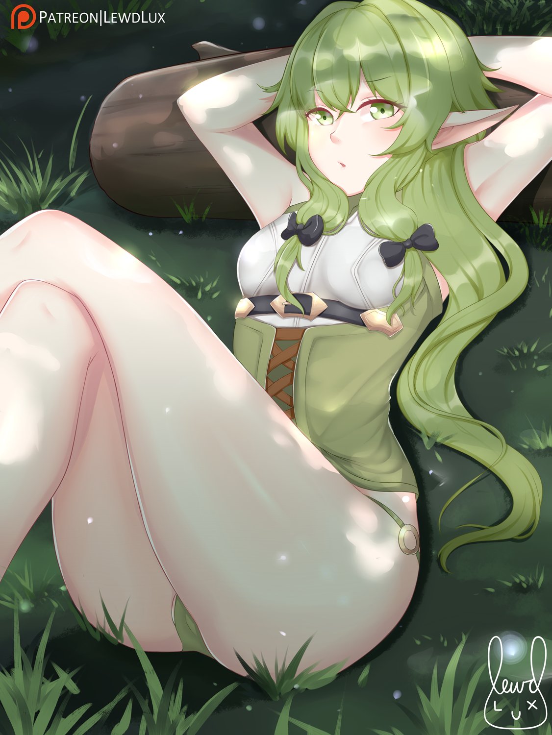 1girls, elf, female, female only, goblin slayer, green eyes, green hair, green panties, high elf archer (goblin slayer), lewdlux, no pants, panties, pointy ears, sitting, solo