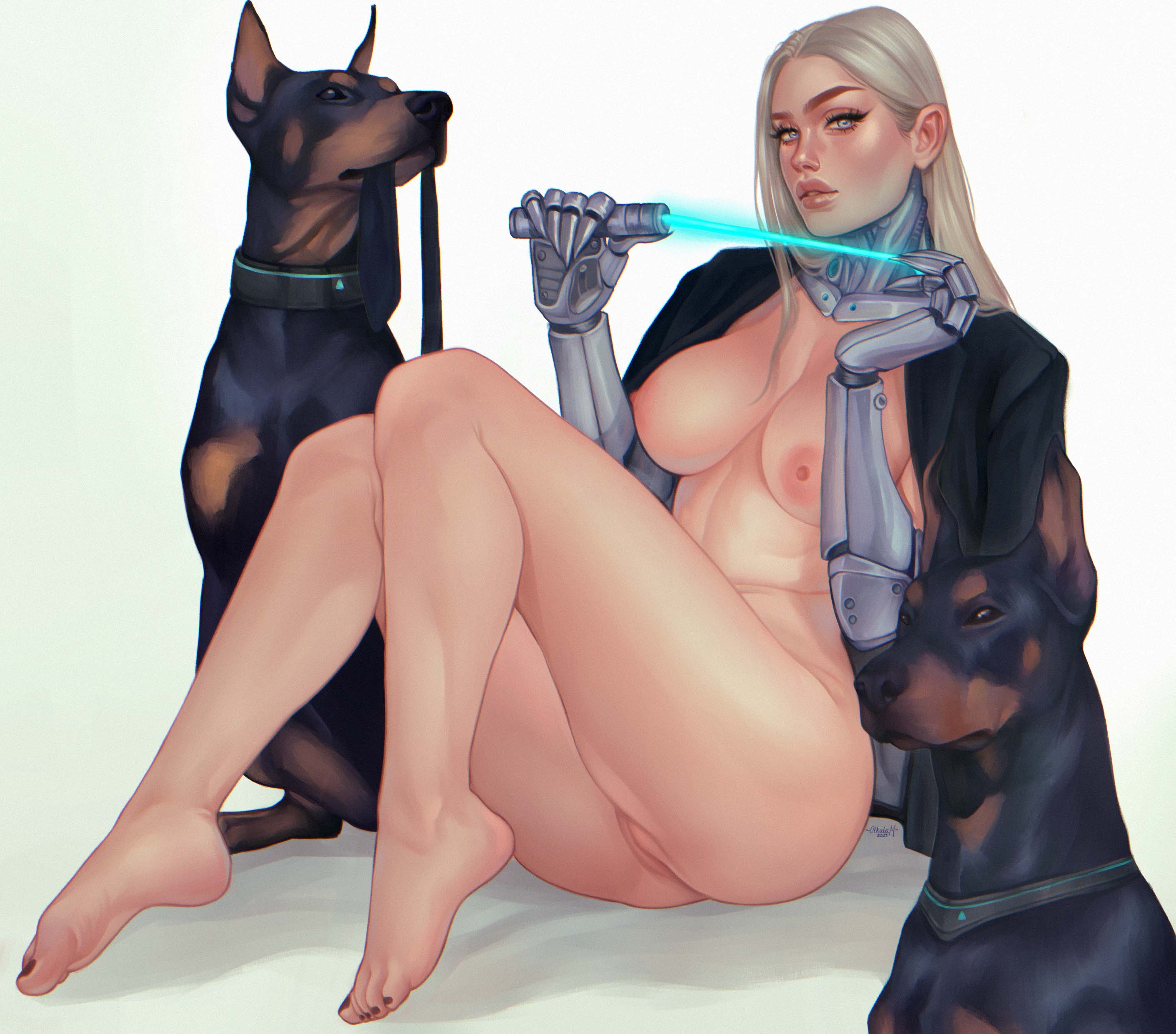 1girls, angelise reiter, areolae, ass, bare legs, barefoot, black toenails, breasts, feet, female, final fantasy, final fantasy xiv, implied bestiality, legs, looking at viewer, nipples, nude, othalam, painted nails, pussy, solo focus, zoophilia