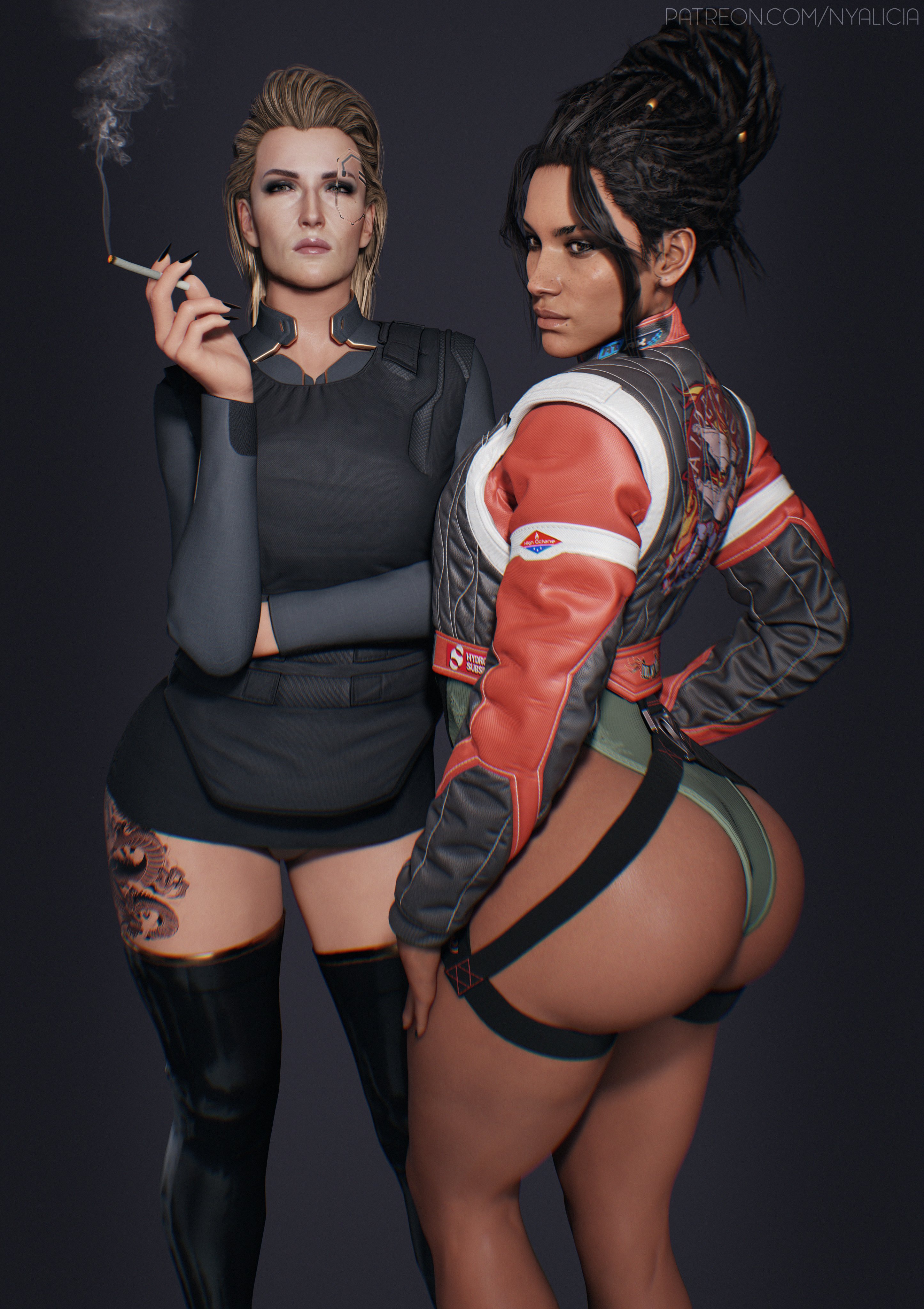 2021, 2girls, 3d, 3d (artwork), absurd res, ass, big ass, black hair, blender, blender (software), blonde hair, braids, breasts, cd projekt red, cybernetics, cyberpunk, cyberpunk (series), cyberpunk 2077, dreadlocks, eyeliner, female, female only, hair bun, hi res, hips, huge ass, latex, leotard, light skin, light-skinned female, lips, looking at viewer, looking back, meredith stout, militech, nyalicia, pale skin, pale-skinned female, panam palmer, pose, scar, skimpy, smoking, tan skin, tan-skinned female, tattoo, thick thighs, thighs, wide hips