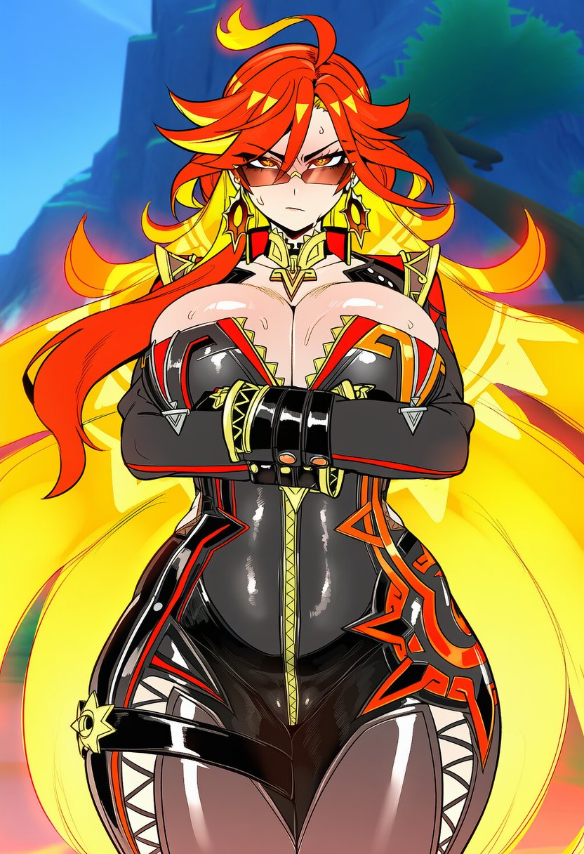 1girls, 2d, ahoge, ai generated, angry, angry expression, angry face, big breasts, black bodysuit, blonde hair, blush, bodysuit, breasts, cleavage, crossed arms, cyreneceo, earrings, female, female only, genshin impact, huge breasts, jewelry, large breasts, large thighs, long hair, looking at viewer, mavuika (genshin impact), multicolored hair, orange eyes, orange hair, red hair, solo, solo female, sweat, thick thighs, thighs, two-tone hair, very long hair, wide hips