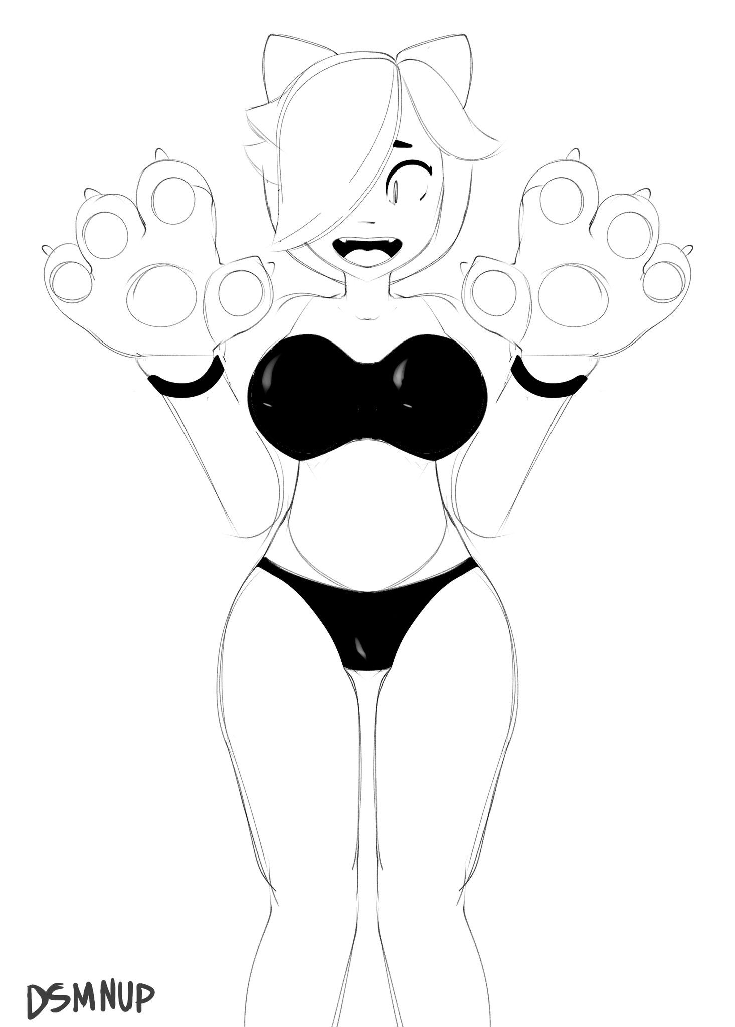 black and white, brawl stars, breasts, cat ears, cat tail, colette (brawl stars), dsmnup, female, hair over one eye, mostly nude, sharp teeth, smile, thighs, white hair