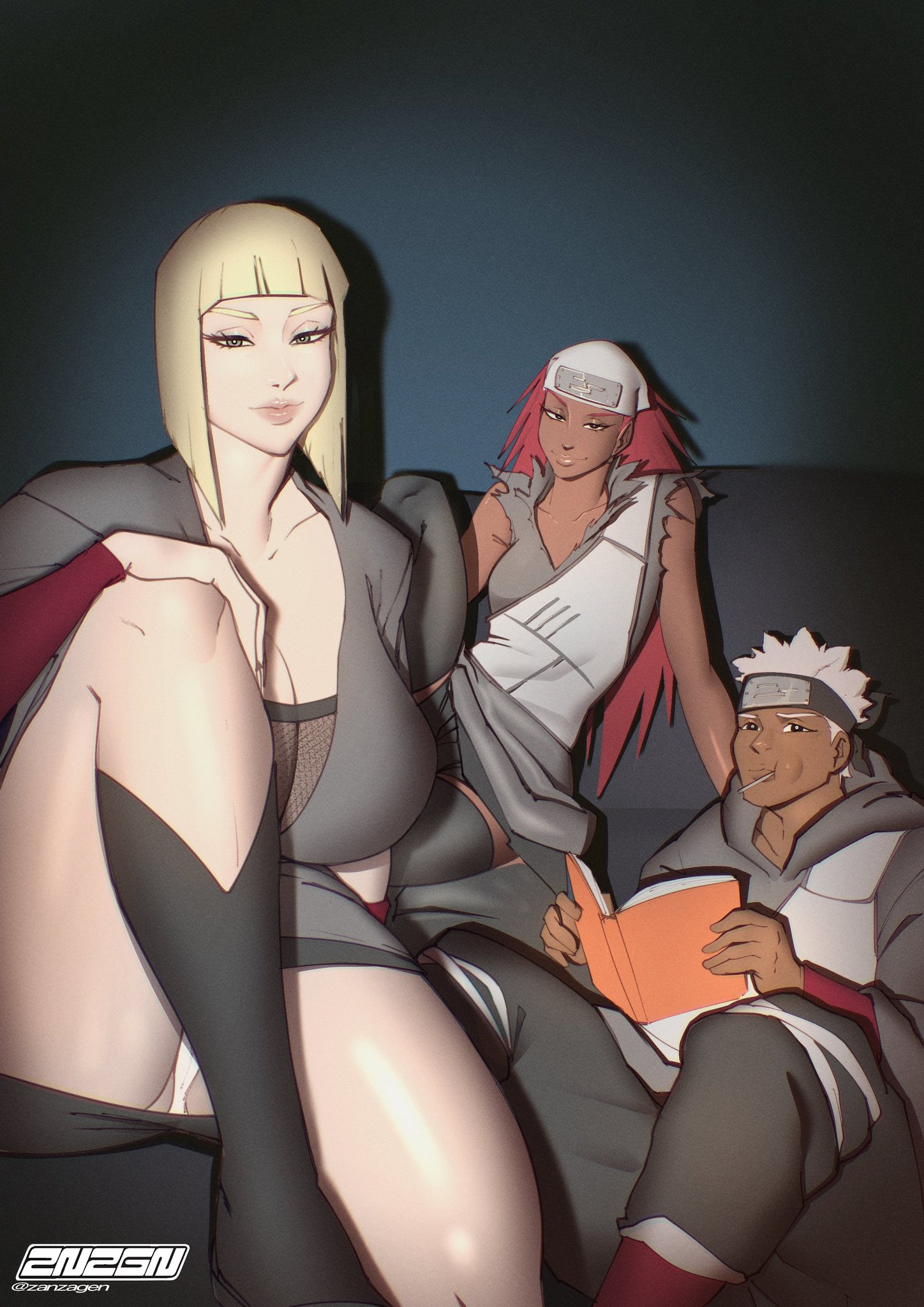 1boy, 2girls, adult and teenager, age difference, bangs, bare breasts, big breasts, black eyes, blonde hair, blue eyes, blunt bangs, bob cut, bra, breast focus, breasts, breasts bigger than head, closed mouth, dark-skinned female, dark-skinned male, dress, expressionless, female, fishnets, flashing, flashing breasts, hourglass figure, interracial, karui, kimono, kumogakure symbol, kunoichi, large breasts, light skin, light-skinned female, looking at viewer, massive breasts, mature, mature female, mesh, mesh shirt, milf, naruto, naruto (series), naruto shippuden, nature, ninja, no bra, no bra under clothes, older female and younger female, older female and younger male, omoi, oppai, pale skin, pale-skinned female, panties, pinup, plump, presenting, presenting breasts, red hair, sagging breasts, samui, sash, serious, serious look, short hair, solo, solo focus, teacher and student, toothpick, underwear, upper body, voluptuous, voluptuous female, wafuku, white hair, wide hips, yellow eyes, yellow hair, zanzagen