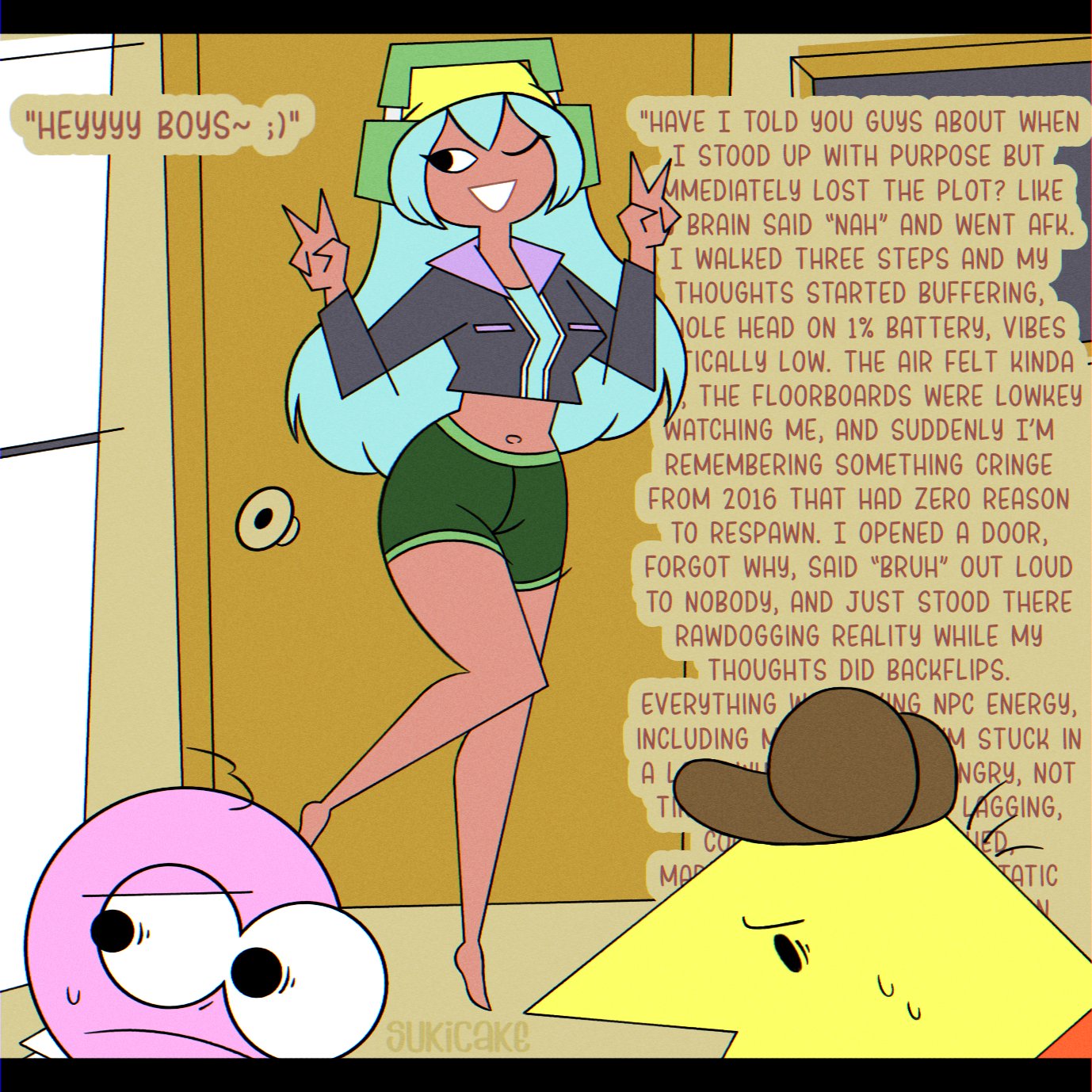 ass, big ass, big breasts, breasts, brown body, charlie (smiling friends), comic, comic page, comic panel, dark skin, dark-skinned female, dialogue, dialogue box, dolly dimpley, female, funny, hat, headphones, male, navel, office, pim (smiling friends), sketch, smiling friends, smiling friends self inserts, sukicake, text, text bubble