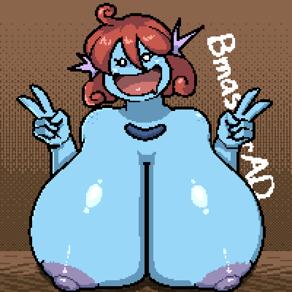 1girls, animated, areolae, blue body, bmasterad, bouncing breasts, breasts, brown hair, bust, busty, busty female, cleavage, drool, drooling, female, female focus, female only, fimif, game freak, large breasts, nintendo, nipples, nude, nude female, open mouth, peace sign, pixel animation, pixel art, pokemon, pokemon (species), smooth pixel animation, victory sign, wooper