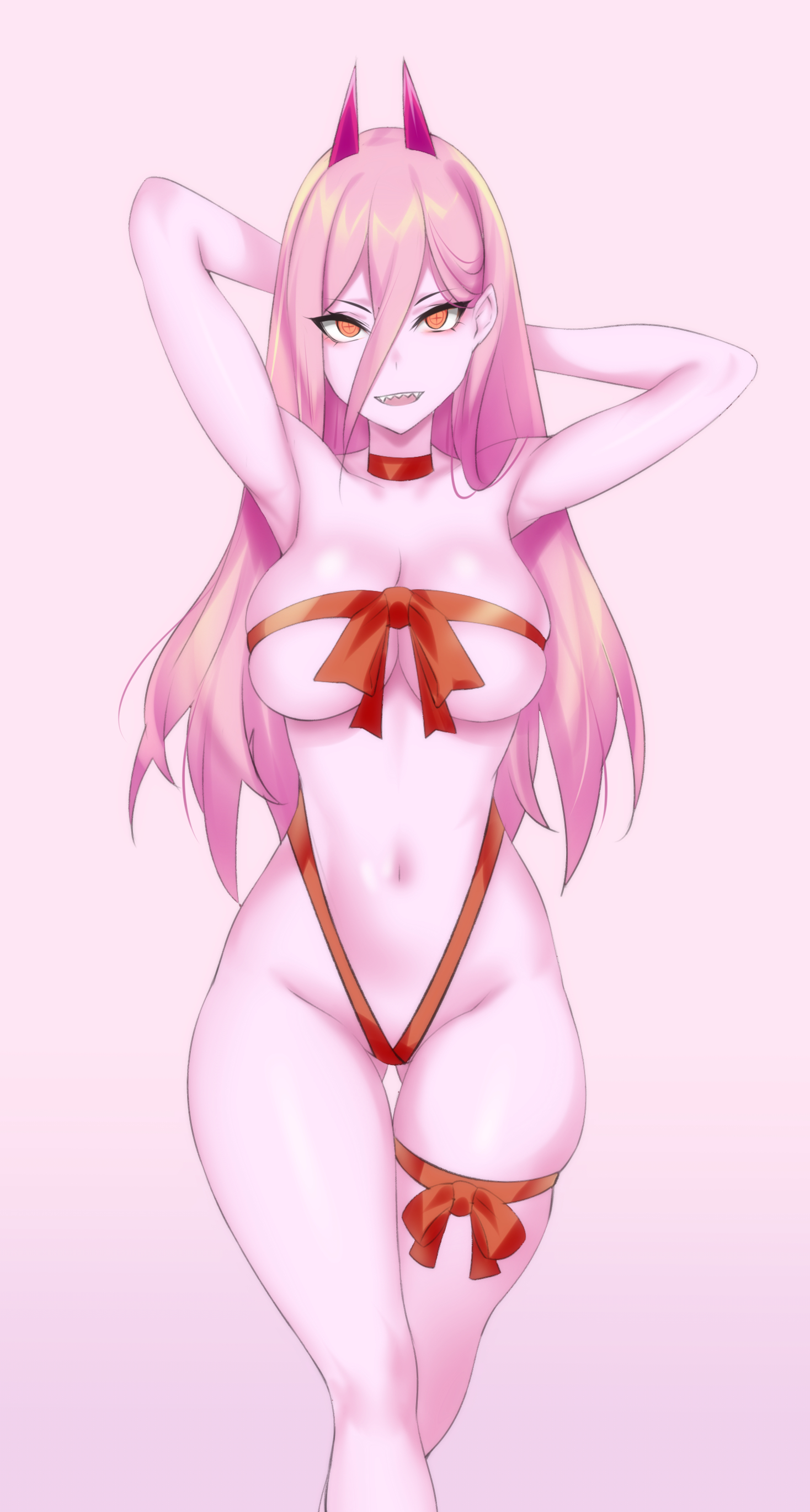 1girls, 2021, arms behind head, big breasts, blonde hair, breasts, chainsaw man, choker, christmas, christmas outfit, demon, demon girl, demon horns, female, female only, hair, hevn, hips, naked ribbon, neckwear, power (chainsaw man), red thong, ribbon, sharp teeth, simple background, solo, solo female, thigh strap, thighs, thong, yellow eyes