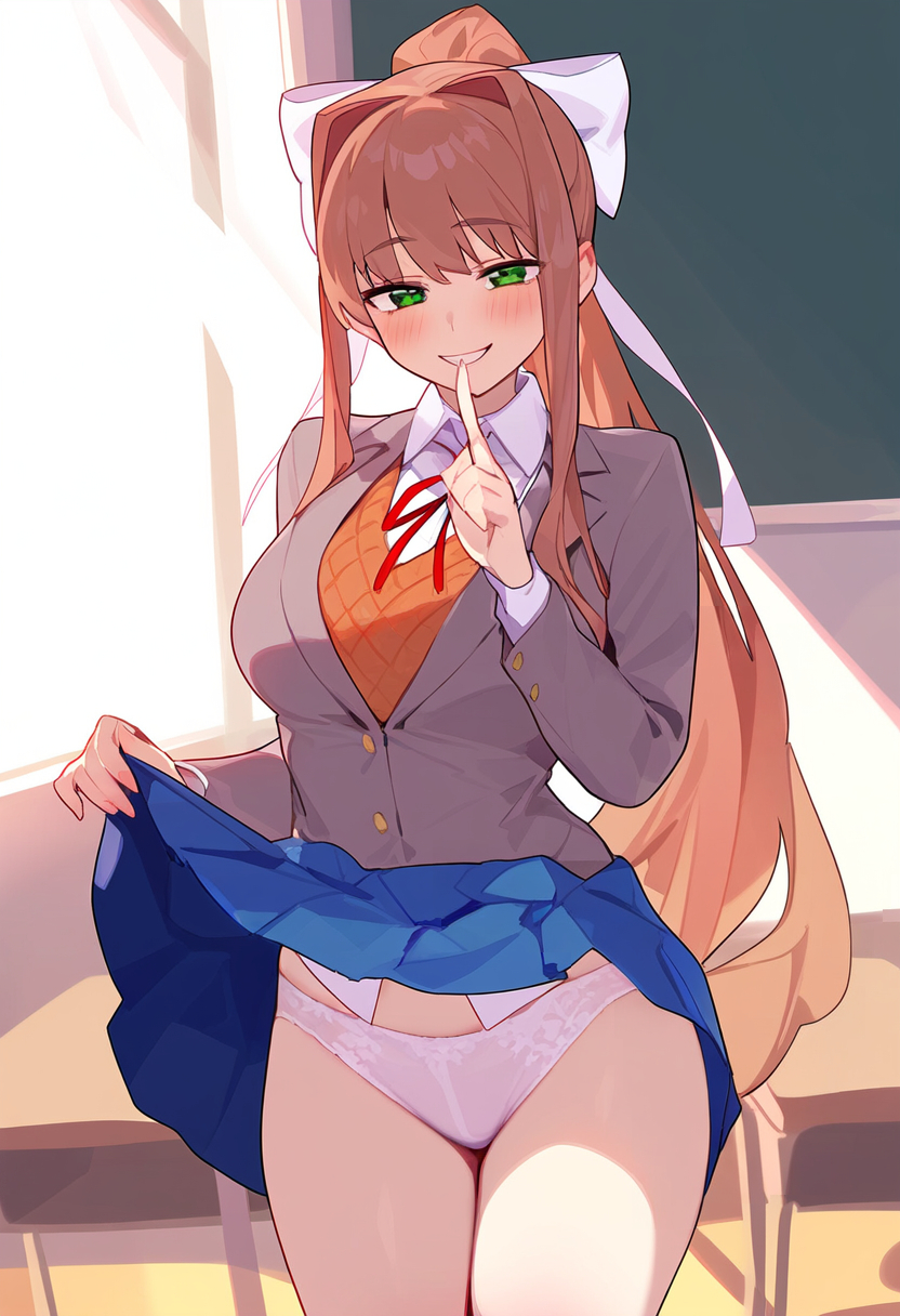 1girls ai_generated blush brown_hair clothes_lift doki_doki_literature_club female flashing_panties green_eyes hair_ribbon long_hair looking_at_viewer monika_(doki_doki_literature_club) pink_panties presenting presenting_panties shirt skirt skirt_lift smile smiling_at_viewer solo thighs
