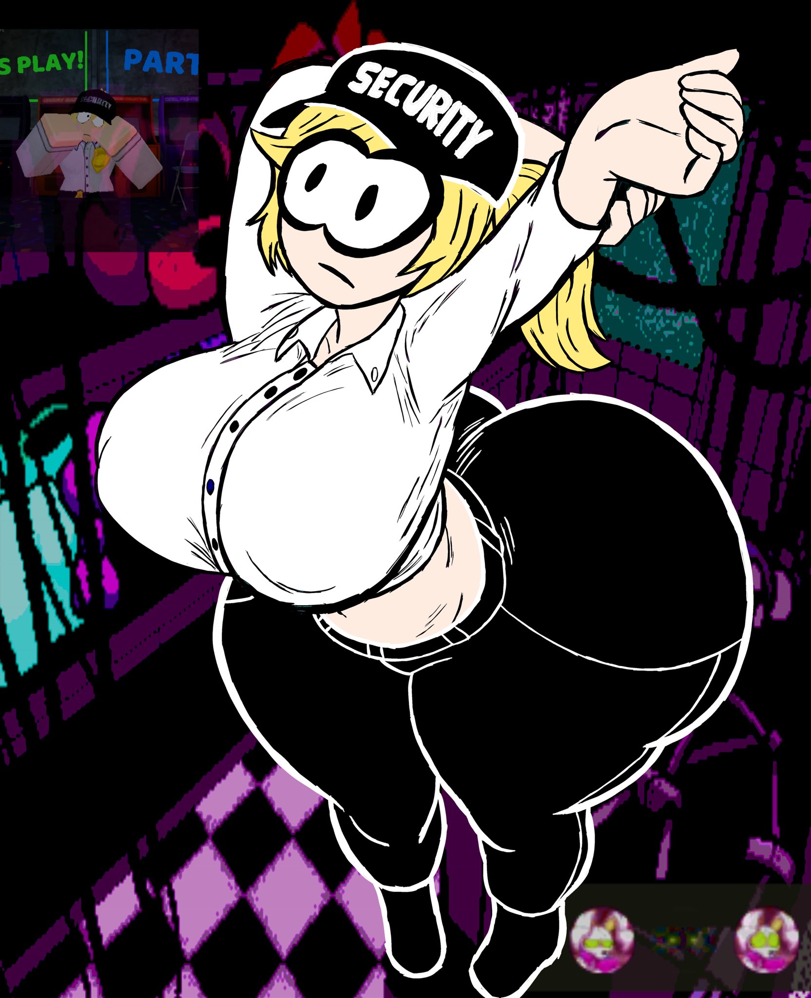 1girl, 1girls, ass, big ass, big breasts, bite by night, breasts, clothed, female, five nights at freddy's, five nights at frickbears, five nights at frickbears 3, nipple bulge, raised shirt, reference image, roblox, roblox game, robloxian, skullvert, solo, solo female, stomach, stretching, tagme, thick thighs, thighs, tight clothing, vanessa (fnaf), vanessa shelley (frickbears), wall-eyed
