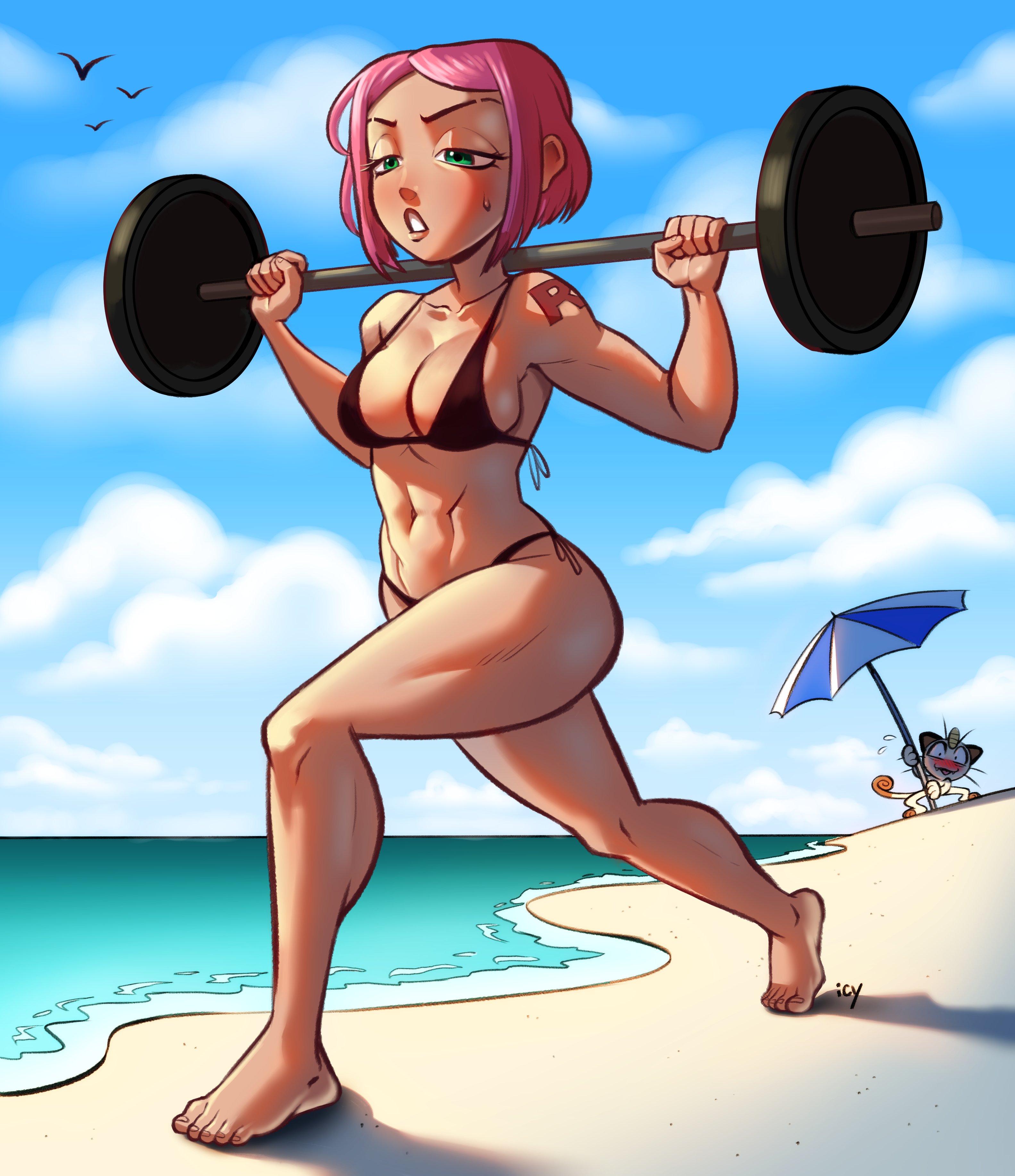 1girls, abs, absurdres, breasts, cleavage, female, female team rocket grunt, female team rocket grunt (pokemon hgss), highres, iseenudepeople, muscles, muscular, muscular female, pokemon, pokemon hgss, solo focus, team rocket, team rocket grunt, team rocket grunt (female), team rocket grunt (pokemon hgss), weightlifting, weights
