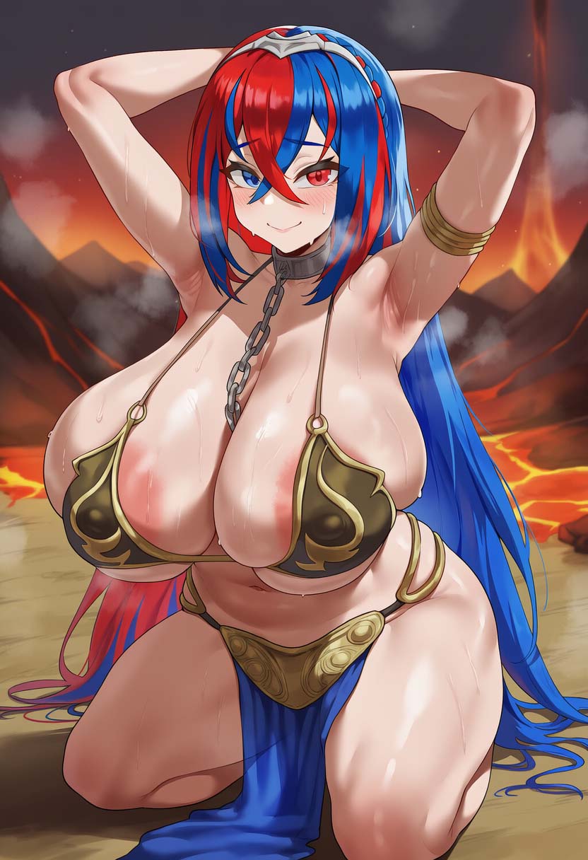 ai generated, alear (fire emblem), alear (fire emblem) (female), areolae, big breasts, blue eyes, blue hair, fire emblem, fire emblem engage, red eyes, red hair, slave leia (cosplay), smiling, smiling at viewer, tharkica, thick thighs
