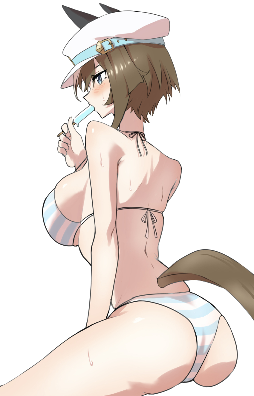 ass, breasts, cheval grand (umamusume), popsicle, sitting, solo, striped bikini, umamusume, umamusume pretty derby