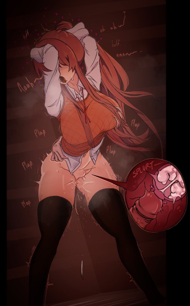 1boy, 1girls, arms up, big breasts, blush, bottomless, clothed sex, cum, cum in pussy, cum inside, doki doki literature club, exspiravitbag, faceless male, female, grabbing from behind, hands behind head, long hair, looking pleasured, male, monika (doki doki literature club), ponytail, sound effects, standing, standing sex, stockings, stomach bulge, thighhighs, vaginal penetration, x-ray