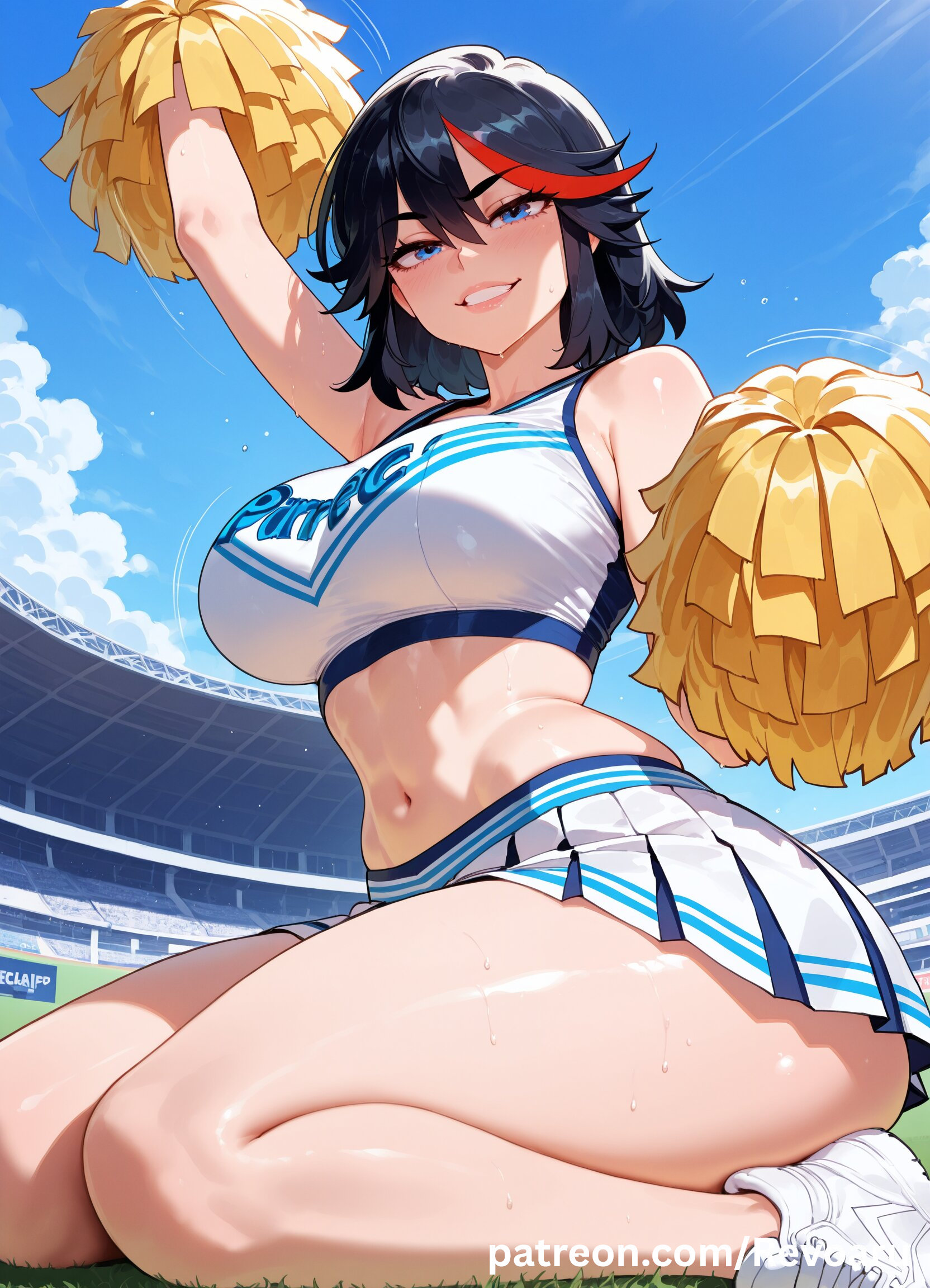 ai generated, big breasts, black hair, breasts, cheerleader, cheerleader outfit, cheerleader uniform, female, female only, huge breasts, kill la kill, matoi ryuuko, mature, mature female, quality, revoaru, solo, thick thighs, thighs