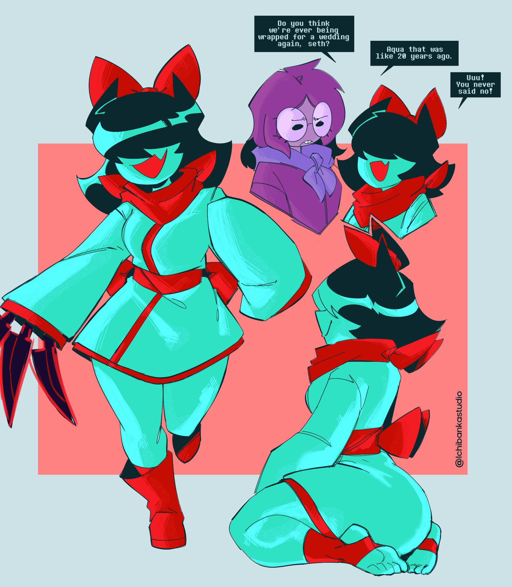 aqua (deltarune), barefoot, bow, cyan body, deltarune, deltarune chapter 5, female, glasses, hair between eyes, human, humanoid, ichibankastudio, kimono, knife, nonbinary, not porn, purple body, purple hair, seth (deltarune), smiling, tagme, thick thighs, undertale (series)