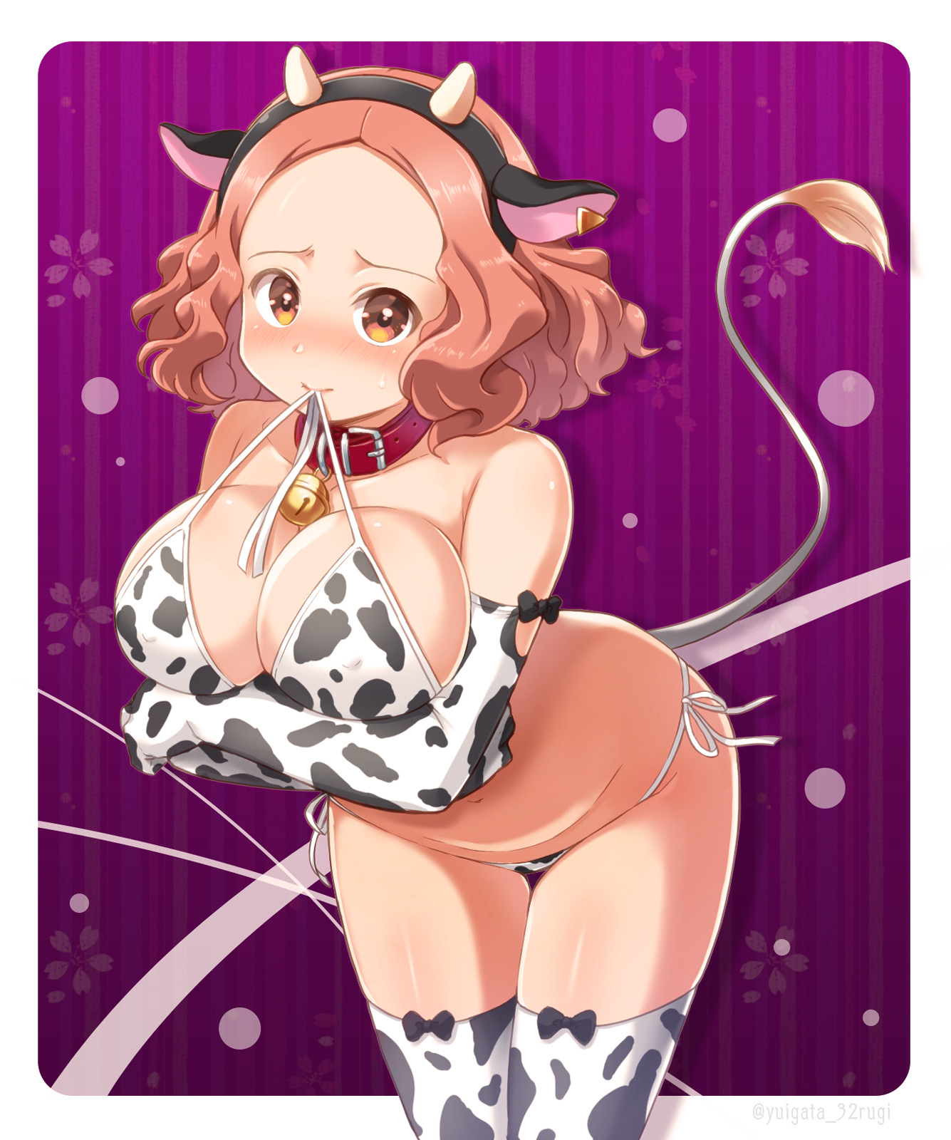 1girls, big breasts, bikini, blush, breasts, cleavage, cow ears, cow girl, cow horns, cow print, cow tail, cowbell, female, female only, haru okumura, persona, persona 5, stockings, thick thighs, wide hips