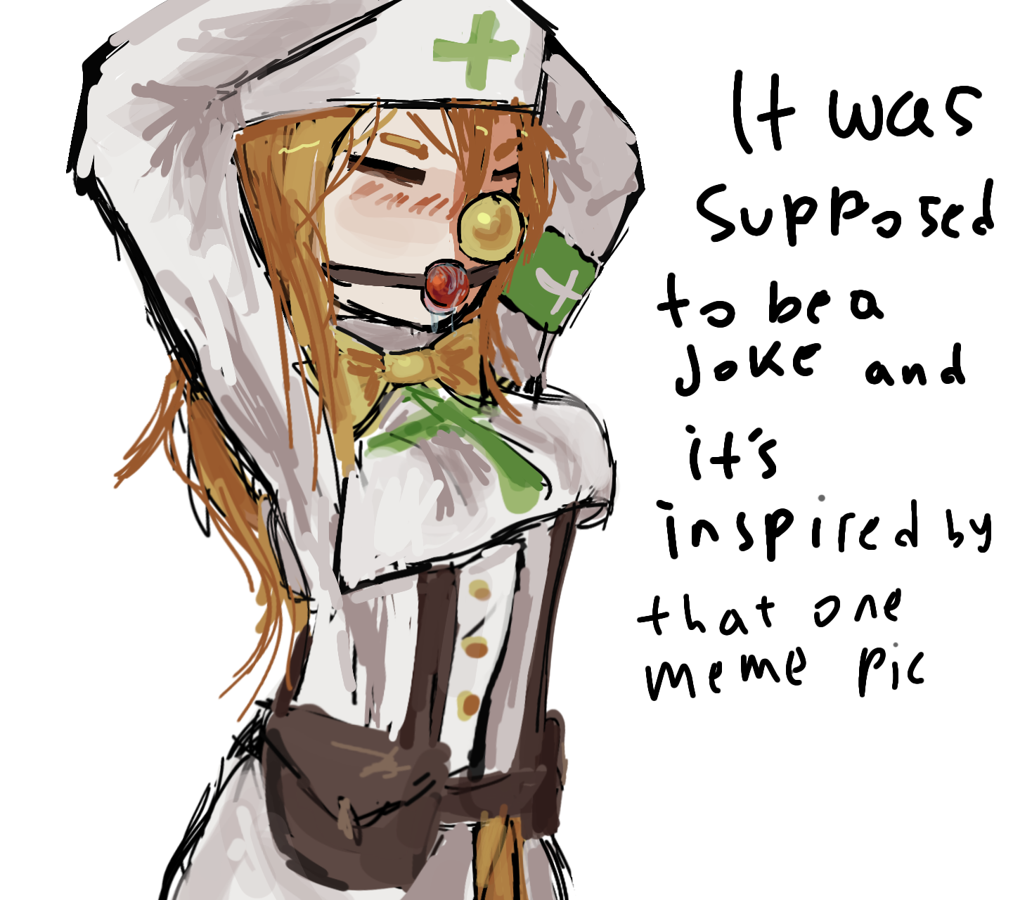 1girl, bag, banana peel (die of death), blonde hair, blushing, bowtie, caretaker (die of death), civilian (die of death), clown nose, die of death (roblox), drool, gag bondage, long hair, nurse, nurse cap, nurse uniform, roblox, roblox game, robloxian, saliva, self upload, tagme (artist)