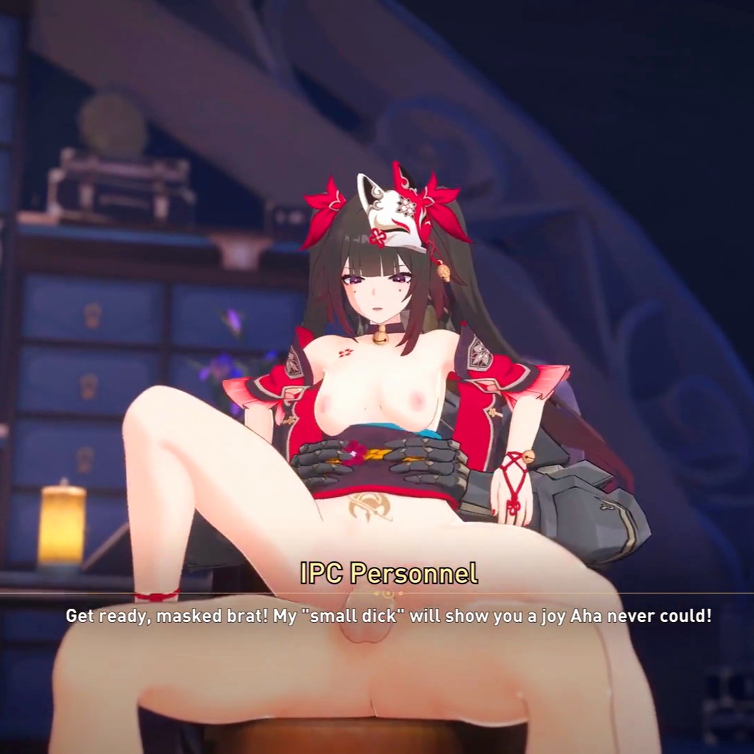3d, 3rd party edit, about to cum, barely clothed, brown hair, captured, company logo, dark hair, deep penetration, dominant, dominant male, exposed breasts, female focus, forced, forced sex, half naked, holding hips, honkai: star rail, ipc grunt (honkai: star rail), markings, mask on head, necklace, pink eyes, raped by enemy, red eyes, riding, riding penis, sex, sex from behind, small breasts, smaller female, sparkle (honkai: star rail), struggling, text, tir al, trying to escape, twintails