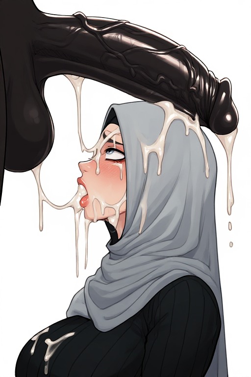 ai generated, arabian, arabian female, cum, dark-skinned male, hijab, huge balls, huge cock, jizz, lewd, load of cum, mesmerized, overwhelmed, religion, slutty female, veiny penis, worship