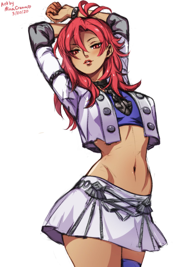 1girls, arms up, bare midriff, brown skin, curvy, female, fire emblem, fire emblem: three houses, garreg mach monastery uniform, hapi (fire emblem), inviting, lips, looking at viewer, minacream, nintendo, red eyes, red hair, seductive, seductive smile, skirt, smile, thighhighs, wide hips