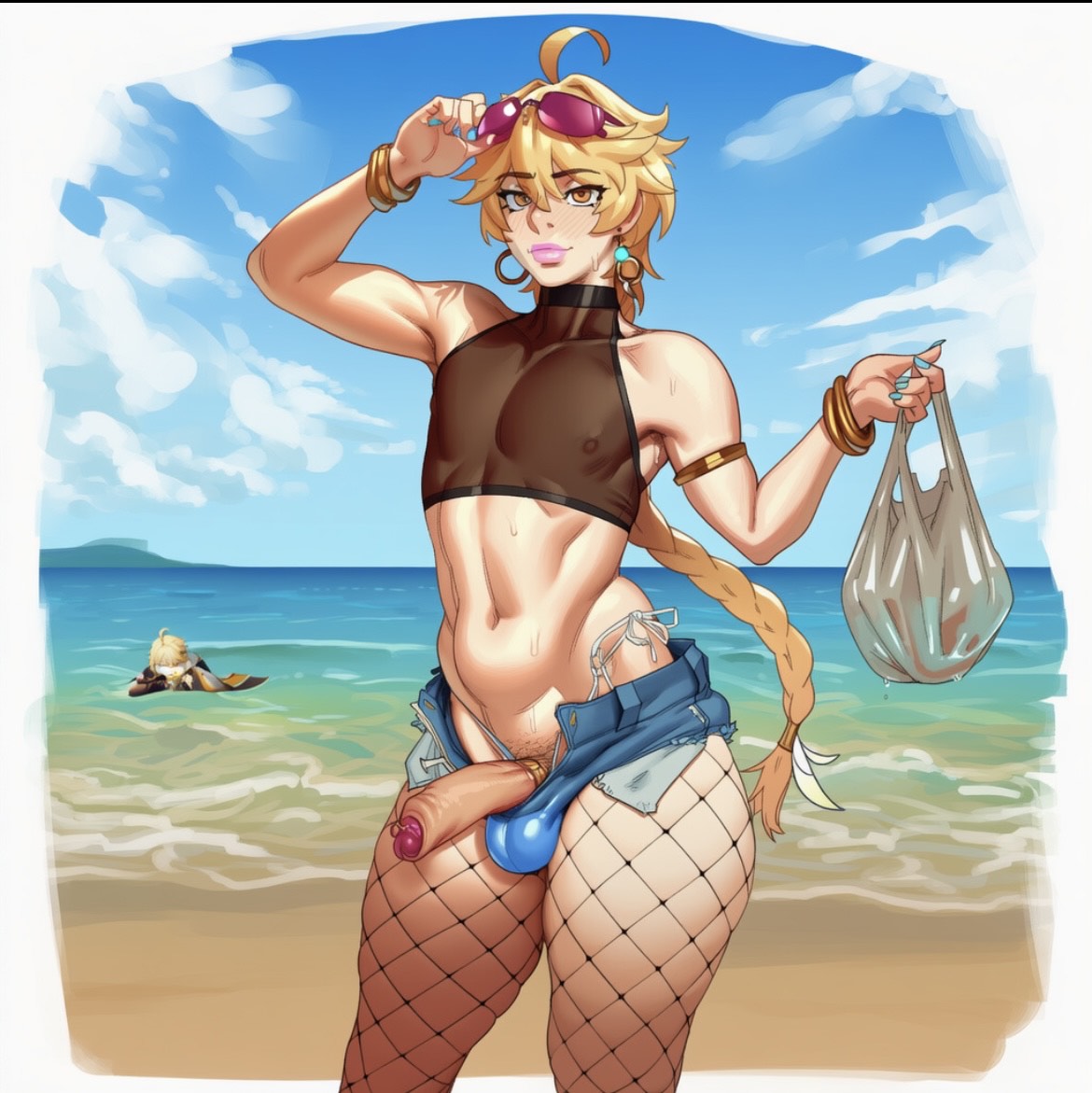 1boy, 2d, aether (genshin impact), ahoge, ai generated, armlet, ass, bag, balls, beach, big cock, big penis, bikini, blonde hair, blue nails, blue shorts, blush, bracelet, braid, braided ponytail, bulge, cloud, cock, condom, covered nipples, crop top, day, denim, denim shorts, earrings, erection, eyewear on head, femboy, femboy only, fishnet pantyhose, fishnets, foreskin, genshin impact, holding, holding bag, jewelry, large cock, large penis, large thighs, lips, long hair, looking at viewer, makeup, male focus, male only, nail polish, navel, ocean, onilapper, open fly, open shorts, otoko no ko, outdoors, pantyhose, penis, pubic hair, public, public exposure, public indecency, public nudity, sand, shorts, sky, smile, solo, solo focus, solo male, sunglasses, testicles, thighs, uncensored, veins, veiny penis, water, yellow eyes