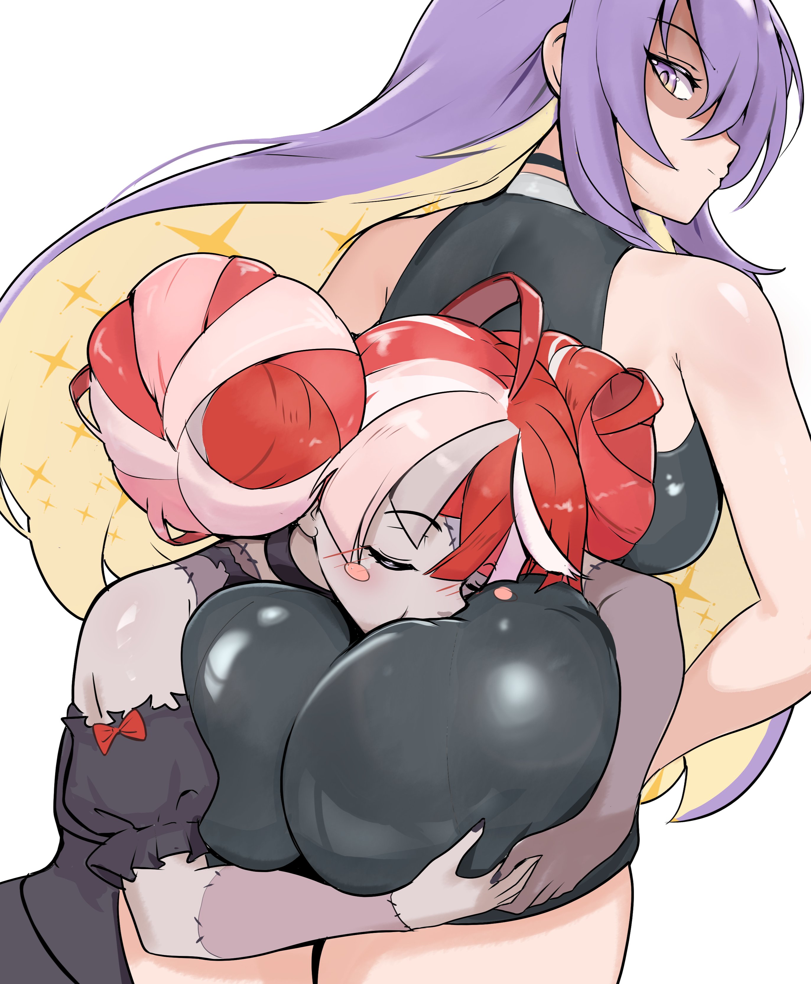 2girls, absurdres, ahoge, arched back, arms around waist, ass, ass worship, bare shoulders, biting butt, black choker, black dress, black nails, black shirt, black shorts, blonde hair, blush, blush stickers, choker, closed eyes, closed eyes female, colored inner hair, colored skin, commentary, double bun, dress, english commentary, face in ass, female pervert, from behind, from side, gradient eyes, grey hair, grey skin, hair bun, halter shirt, halterneck, highres, hololive, hololive indonesia, huge ass, hugging ass, katosh, katoshseisou, kissing ass, kureiji ollie, kureiji ollie (1st costume), layered dress, long hair, looking at another, looking at viewer, moona hoshinova, moona hoshinova (1st costume), multicolored eyes, multicolored hair, multicolored skin, multiple girls, no jacket, partially shaded face, patchwork skin, pervert, pink hair, puffy short sleeves, puffy sleeves, purple eyes, purple hair, red hair, round butt, scowl, shiny clothes, shiny skin, shirt, short shorts, short sleeves, shorts, simple background, skin tight, starry hair, stitched arm, stitched face, stitched torso, stitches, torn clothes, torn dress, two-tone hair, two-tone skin, virtual youtuber, white background, white hair, yellow eyes, yuri, zombie
