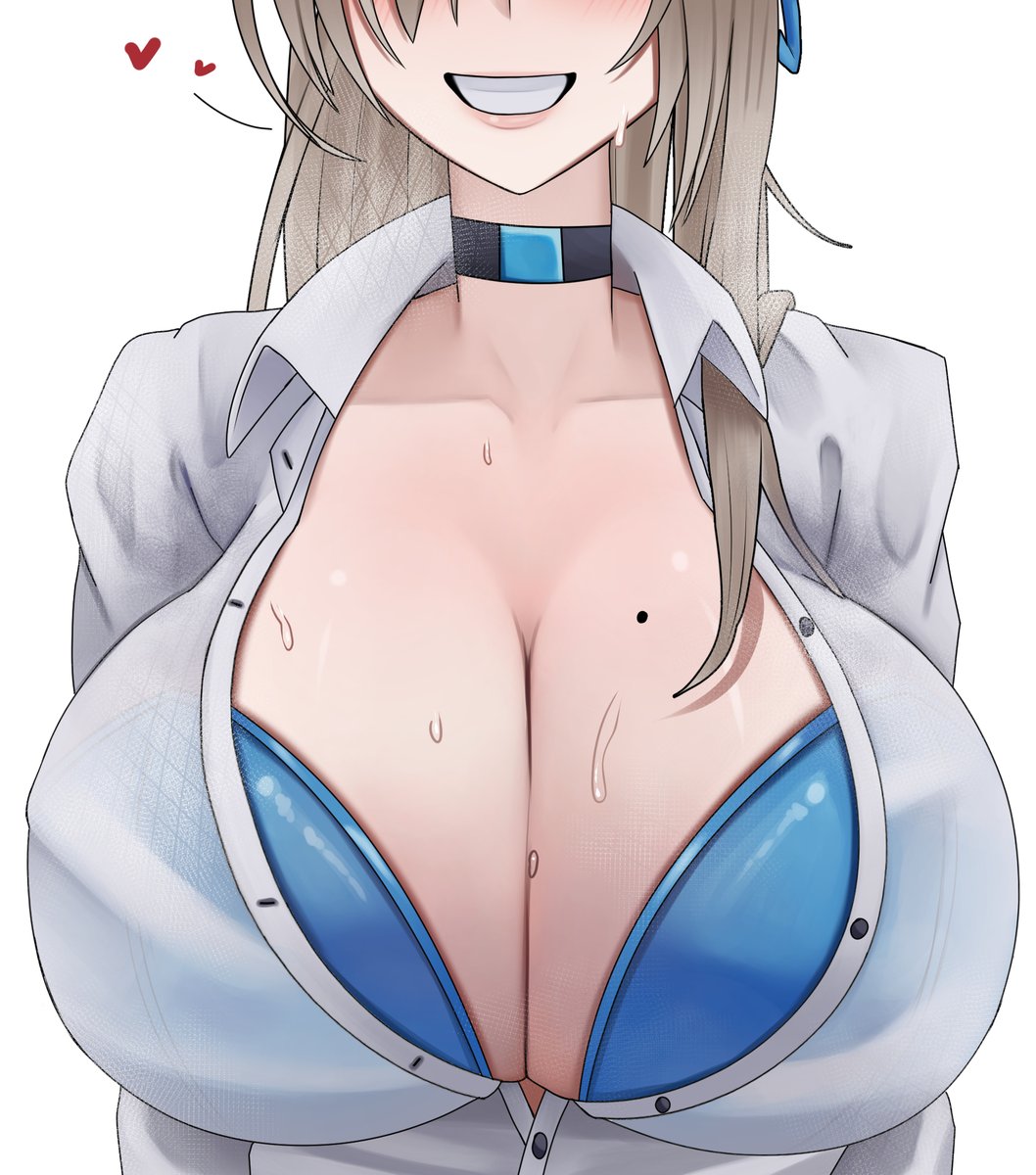 1girls, artist request, asuna (blue archive), asuna (school uniform) (blue archive), big breasts, blue archive, blue bra, boob window, bra, bra peek, bra visible through clothes, breasts, button down shirt, buttons, cleaning & clearing (blue archive), female, female only, millennium science school student, mole on breast, shirt, smiling, sweatdrop, sweaty breasts