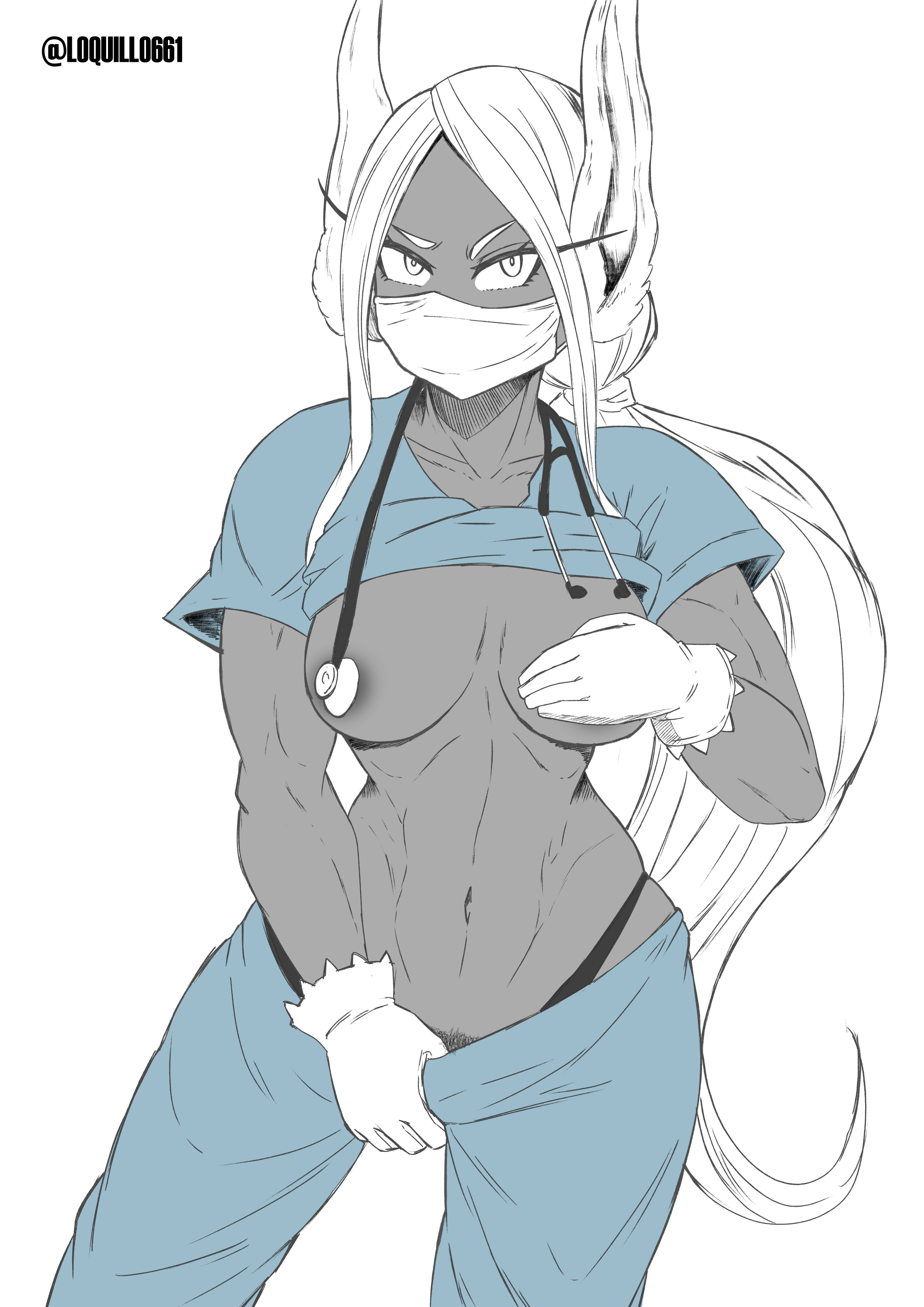 1girls, abs, animal ears, breasts, bunny ears, dark skin, dark-skinned female, face mask, female, gloves, long hair, looking at viewer, loquillo, miruko, muscular, muscular female, my hero academia, nurse, pubic hair, pubic hair peek, rabbit ears, rumi usagiyama, tagme, tied hair, white hair