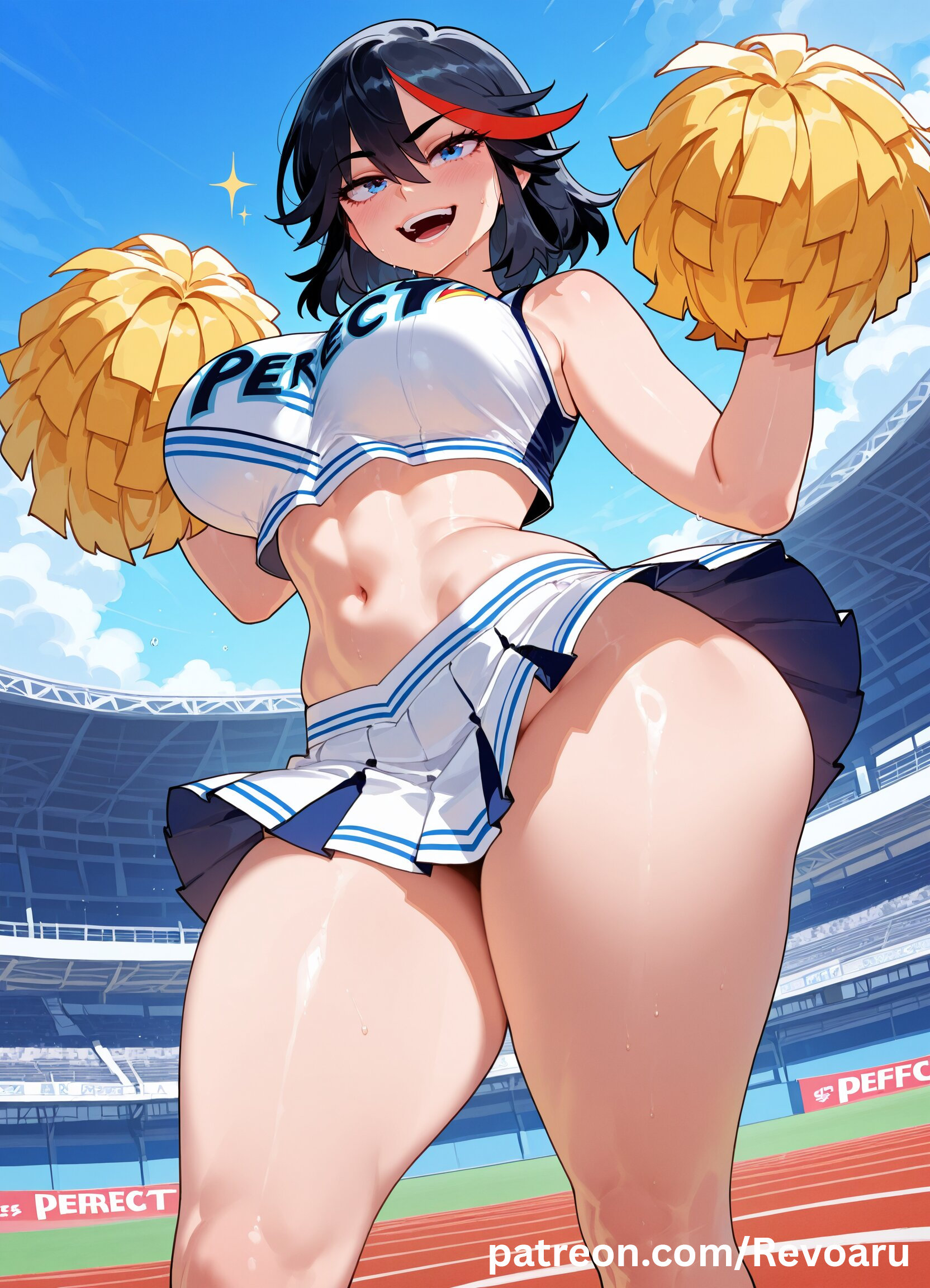 ai generated, big breasts, black hair, breasts, cheerleader, cheerleader outfit, cheerleader uniform, female, female only, huge breasts, kill la kill, matoi ryuuko, mature, mature female, quality, revoaru, solo, thick thighs, thighs