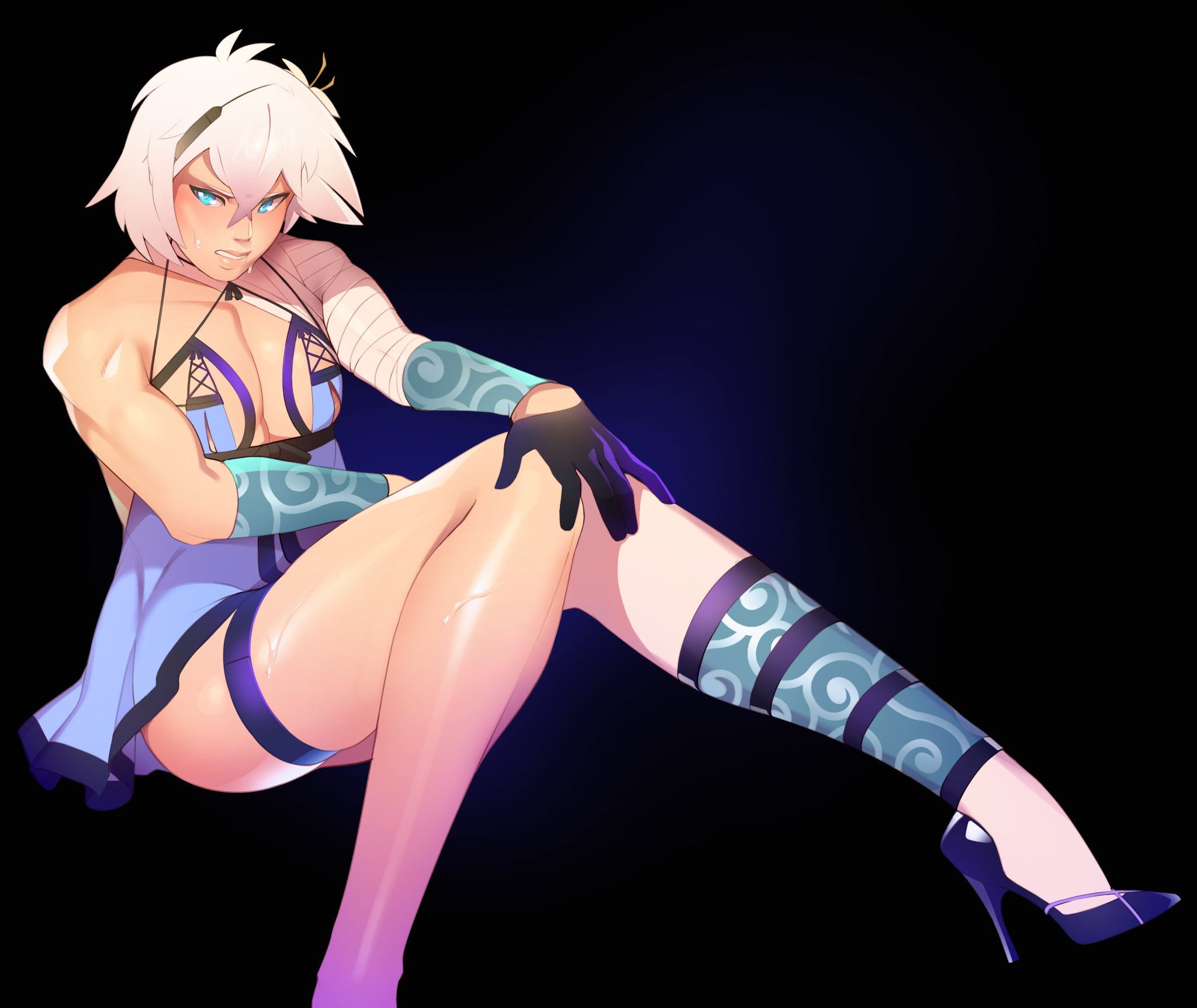 1boy, asymmetrical gloves, asymmetrical legwear, bandage, blue eyes, color, colored, combos-n-doodles, crossdressing, dress, embarrassed, exposed ass, femboy, feminine male, feminization, flower, flower in hair, garter straps, hair ornament, hairband, high heels, highres, kaine (nier) (cosplay), lingerie, looking annoyed, male focus, muscular male, nier (character), nier (series), nier replicant, nier: automata, posing, sweat, thick ass, thick thighs, thigh strap, white hair
