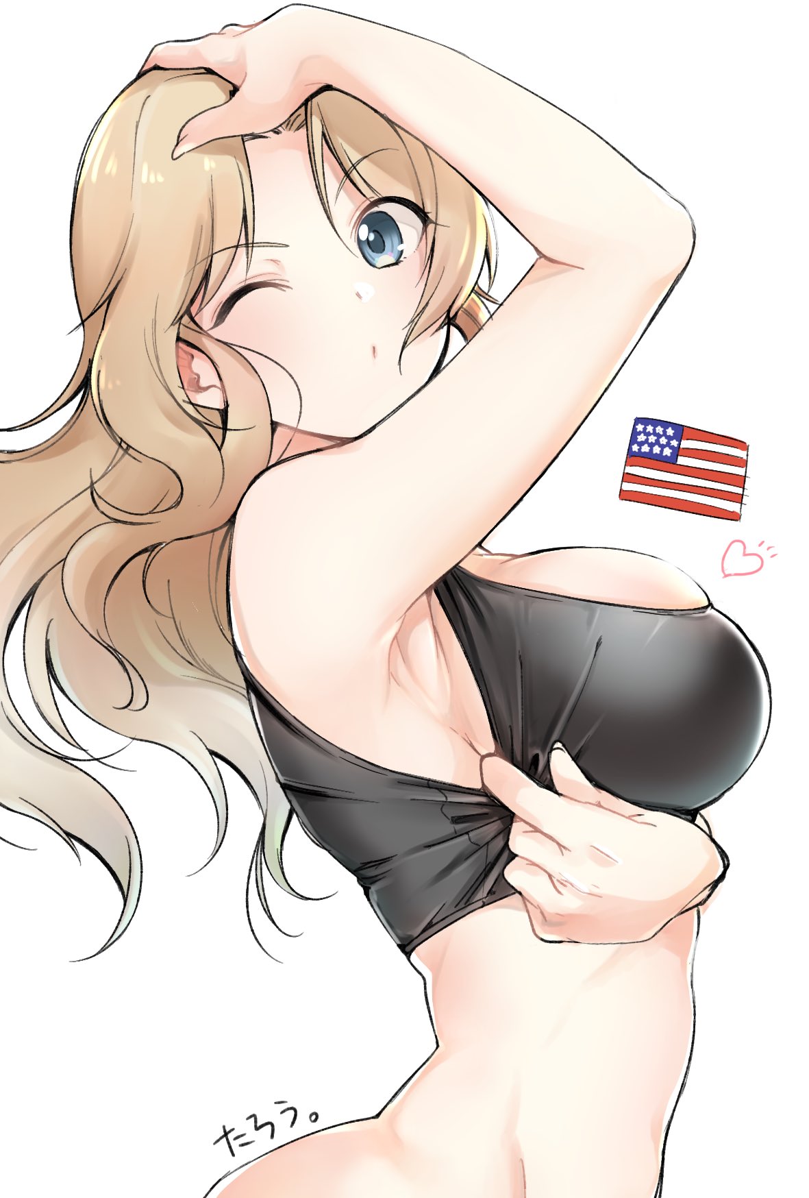 american_flag armpits blonde_hair blue_eyes bottomless breasts crop_top female girls_und_panzer halter_top halterneck heart highres kay_(girls_und_panzer) komekueyo large_breasts long_hair navel smile solo sports_bra