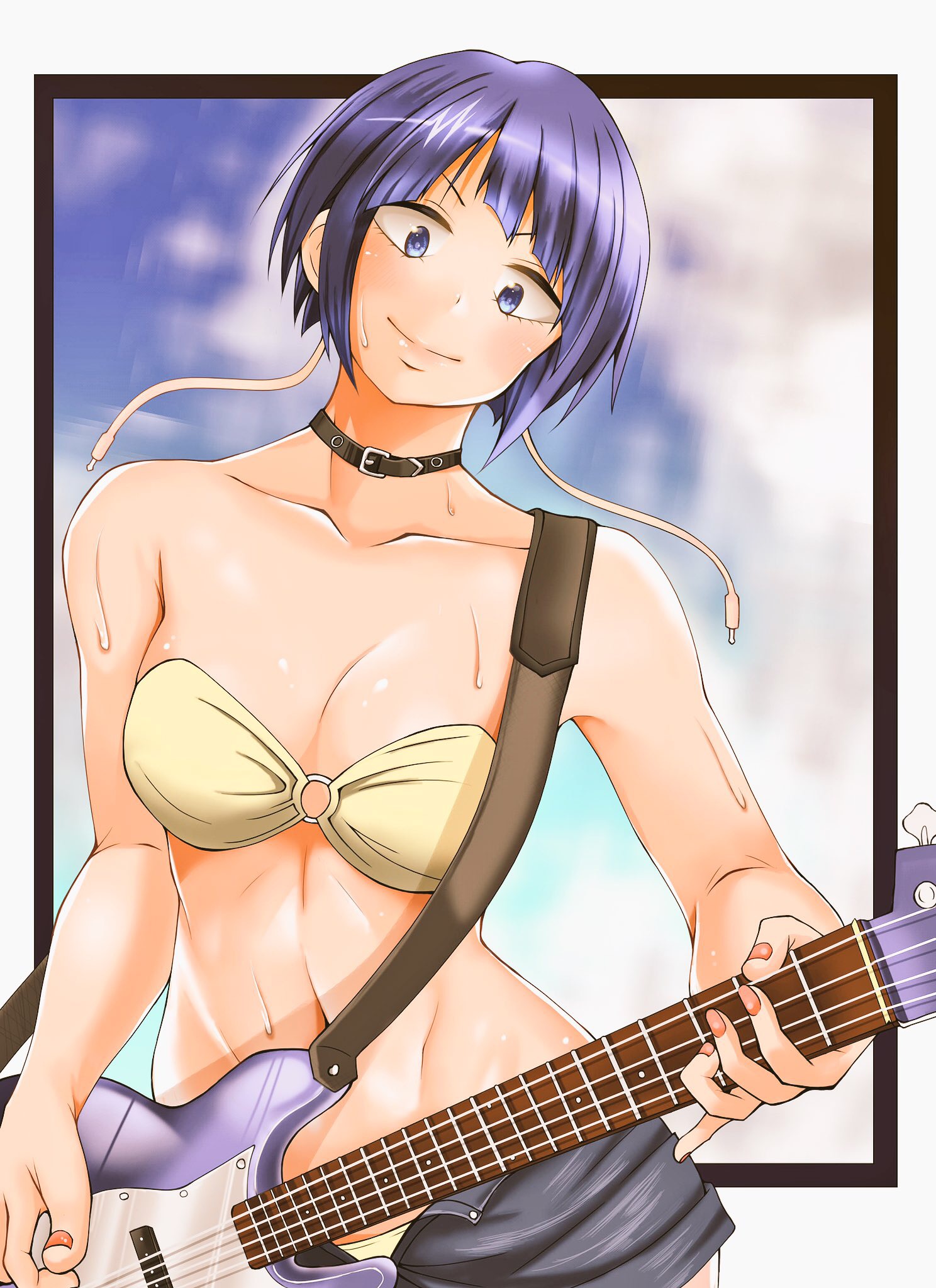 1girls, bare midriff, breasts, female, female focus, female only, guitar, kyoka jiro, my hero academia, navel, pinup, pinup pose, pose, posing, purple hair, purple-haired female, solo, tagme