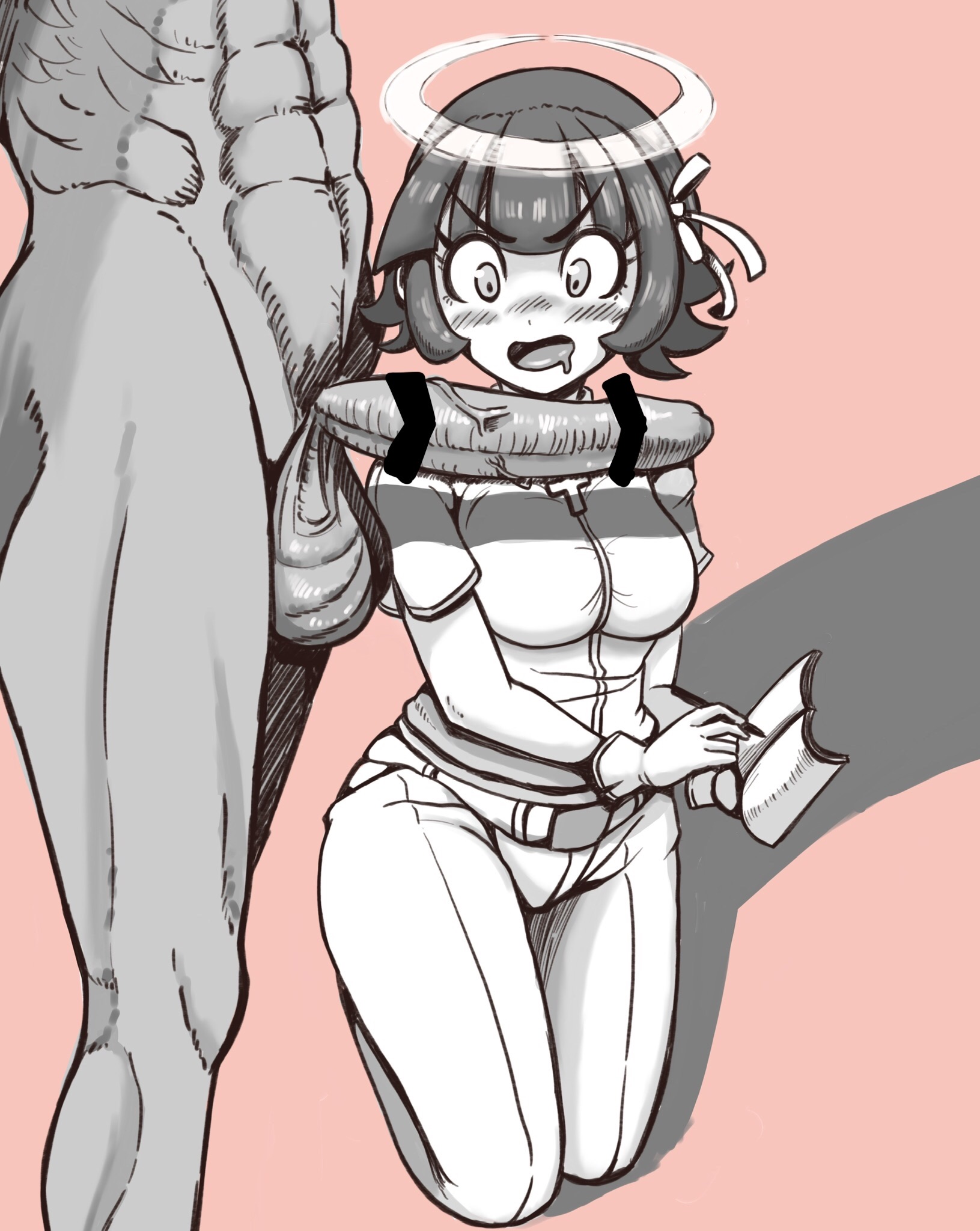 1boy, 1girls, angel, azazel (helltaker), balls, big penis, censor bar, censored, clothed, clothed female nude male, clothing, female, helltaker, male, muscular, muscular male, penis, penis awe, simple background, testicles