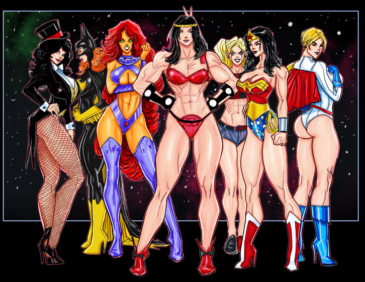 7girls abs alien alien_girl amazon ass athletic athletic_female background barbara_gordon barda_free batgirl batman_(series) big_barda big_breasts bikini_top black_hair blonde_hair blue_eyes blue_gloves breasts bust busty cleavage cleavage_cutout clothed color colored costume curvaceous curvy curvy_figure dc dc_comics eyeshadow female female_only fishnet_pantyhose fishnets gloves harley_quinn high_heel_boots high_heels hips hourglass_figure huge_breasts human humanoid kara_zor-l koriand'r large_breasts legs light_skin lips lipstick mister_miracle_(series) multiple_girls muscular_female orange_hair orange_skin power_girl short_hair starfire straight_hair supergirl superman_(series) swimwear teen_titans the_new_gods thick thick_legs thigh_boots thighs wonder_woman wonder_woman_(series) zatanna zatanna_zatara