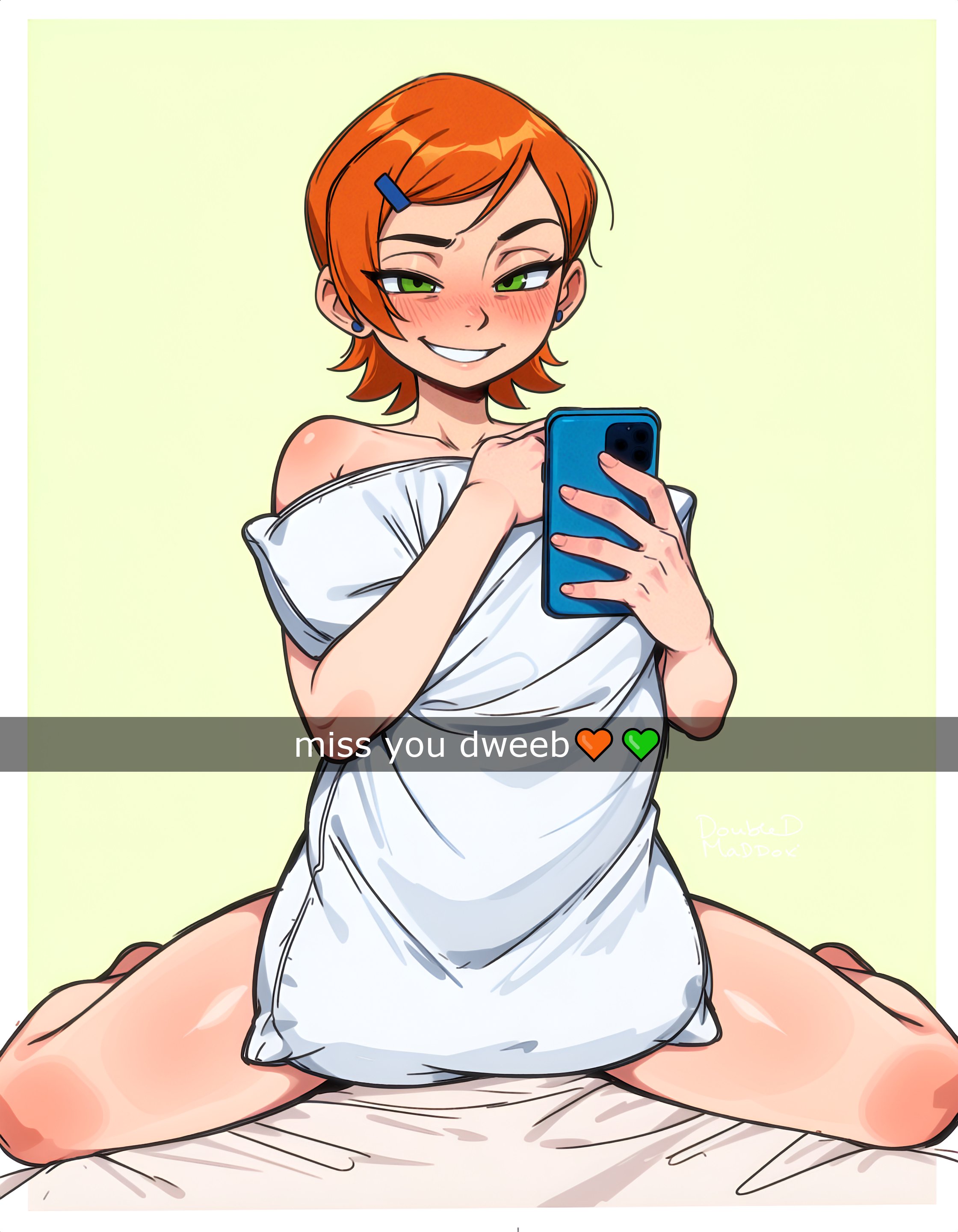 1girls, ai generated, bed, bedroom eyes, bedsheets, ben 10, covering body, doubledmddx, english text, female, female only, ginger, ginger hair, green eyes, gwen tennyson, gwen tennyson (classic), legs spread, looking at viewer, naked, naked female, phone in hand, pillow, selfie, sexy pose, sexy selfie, smug grin, sole female, solo, text, text message, white female