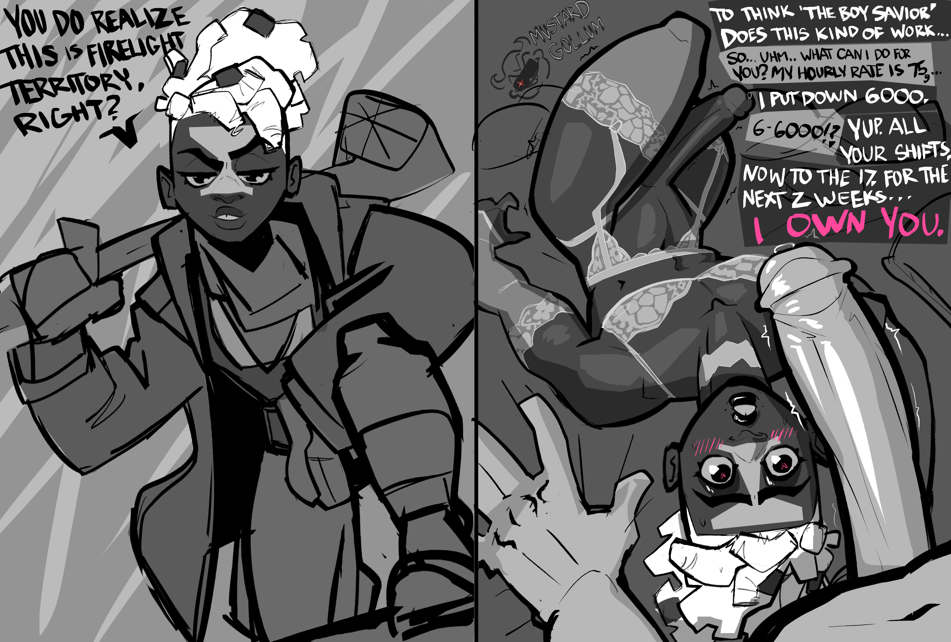 1boy, 2d, 2koma, arcane, arcane ekko, big lips, blush, bra, comic, crossdressing, crossdressing male, dark-skinned femboy, dark-skinned male, dialogue, domination, domination loss, dreadlocks, ekko, elbow gloves, english text, facepaint, femboy, femboy focus, garter straps, gay, gay male, heart-shaped pupils, human, imminent sex, instant loss 2koma, interracial, interracial yaoi, lace, laying on bed, league of legends, light-skinned male, light-skinned male/dark-skinned male, lingerie, makeup, male focus, male only, male/male, mohawk, monochrome, muscular femboy, mustard gollum, pale-skinned male, panties, penis, prostitution, size difference, text, thighhighs, yaoi