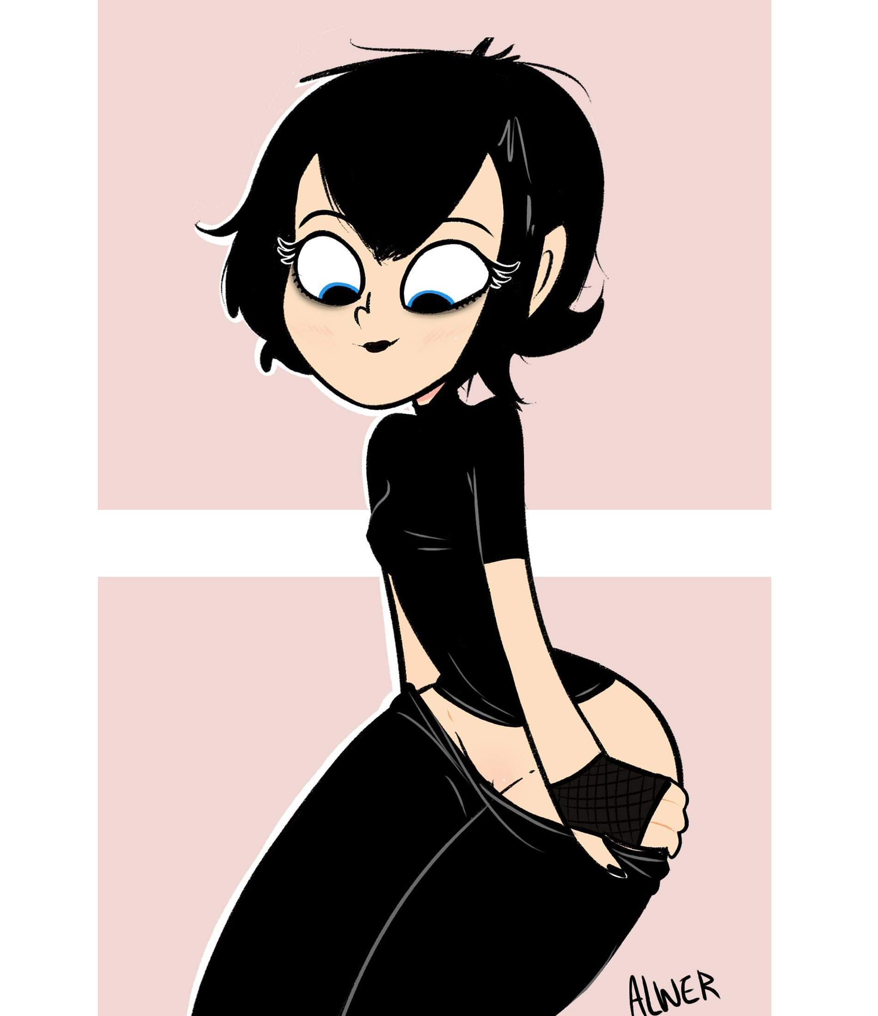 1girls, alwer, alwerart, ass, black clothing, black eyes, black hair, black legwear, black lipstick, black nails, clothed, female, fingerless gloves, fingernails, goth, gothic, hotel transylvania, mavis dracula, nail polish, pussy, tagme, taking clothes off, undressing