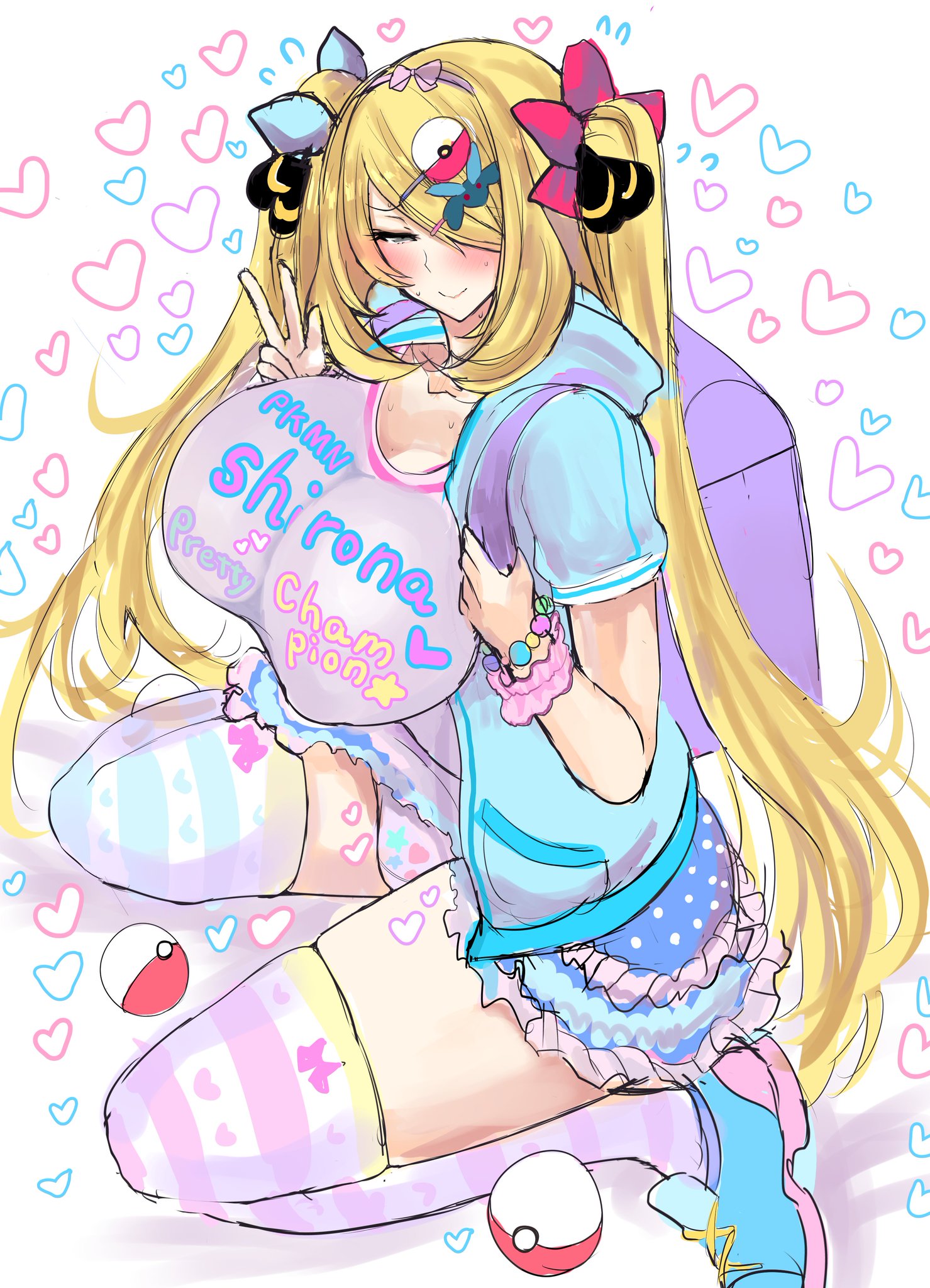 artist request, ass, big breasts, blonde hair, blush, bracelet, breasts, clothing, cynthia (pokemon), female, grey eyes, hair over one eye, hairbow, hairclip, heart, huge ass, huge breasts, idol, panties, pokemon, shoes, sitting, skirt, stockings, tagme, thick thighs, thighs, twintails