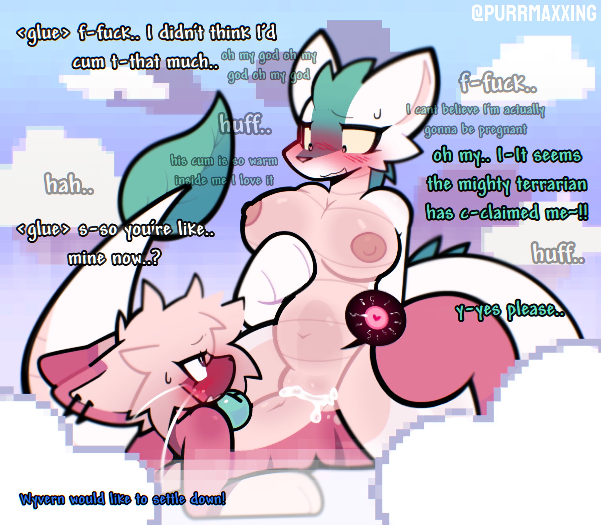 1boy, 1girls, anthro, areola, areolae, black eyes, blush, blushing female, breasts, chat message, clouds, cloudscape, cum, cum in pussy, cum inside, cumflation, domestic cat, enemies having sex, enemies to lovers, felid, felid humanoid, feline, feline humanoid, female, female on top, fertilization, furry, glue (purrmaxxing), green fur, hand under breast, heart-shaped pupils, impregnation, in the air, inflation, large tail, looking at another, male, mythology, nipples, nude, nude female, nude male, ovum, ovum with heart, peach hair, penetration, penis, pink fur, purrmaxxing, pussy, sex, sperm cell, sperm meets ovum, spread legs, stomach bulge, terraria, text, vaginal penetration, white skin, wyvern, wyvern (terraria), x-ray