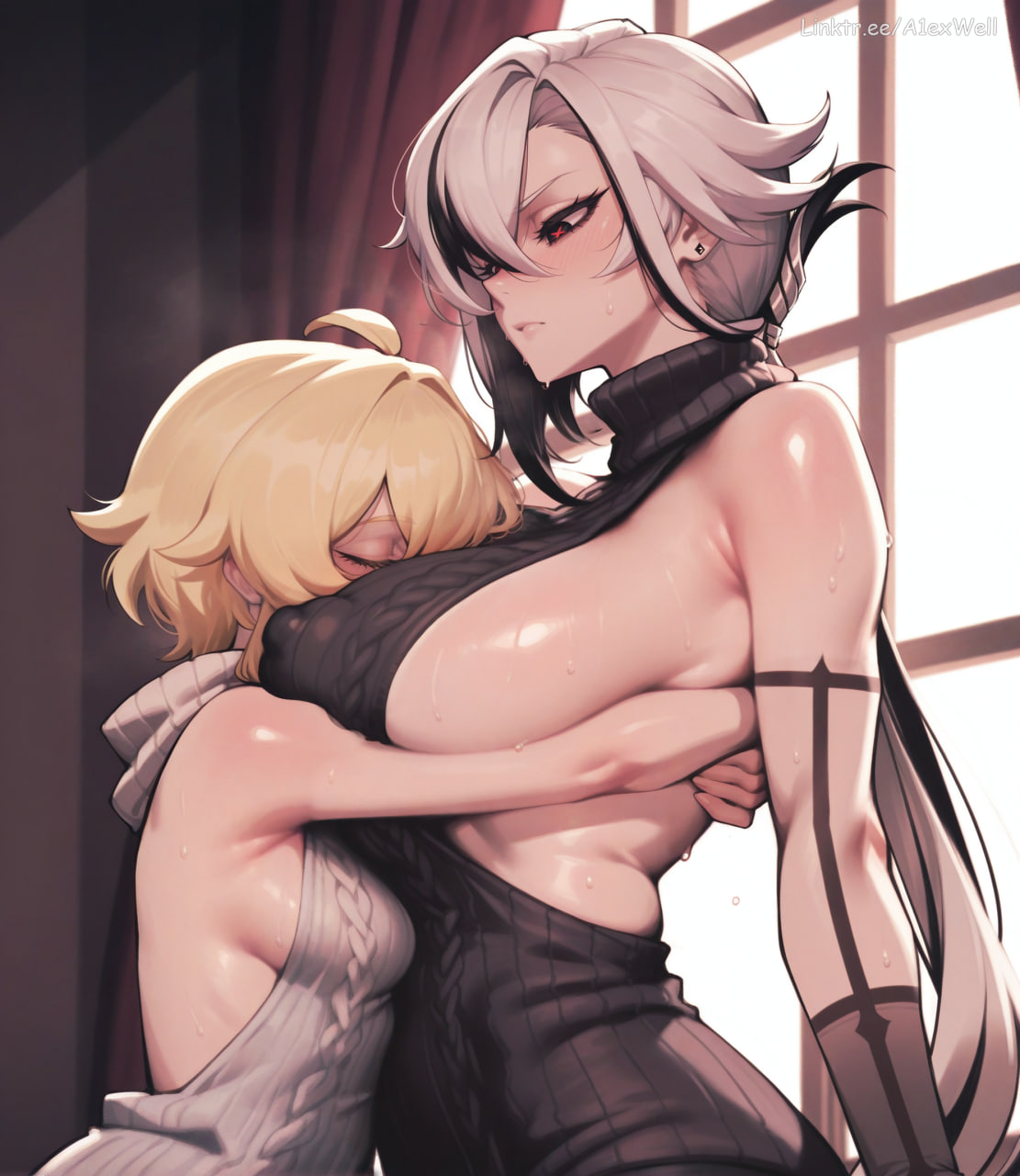 2girl, 2girls, a1exwell, ai generated, arlecchino (genshin impact), breasts size difference, covered nipples, face in breasts, genshin impact, head between breasts, hoyoverse, hugging, large breasts, lumine (genshin impact), medium breasts, sideboob, size difference, sweater, virgin killer sweater, yuri