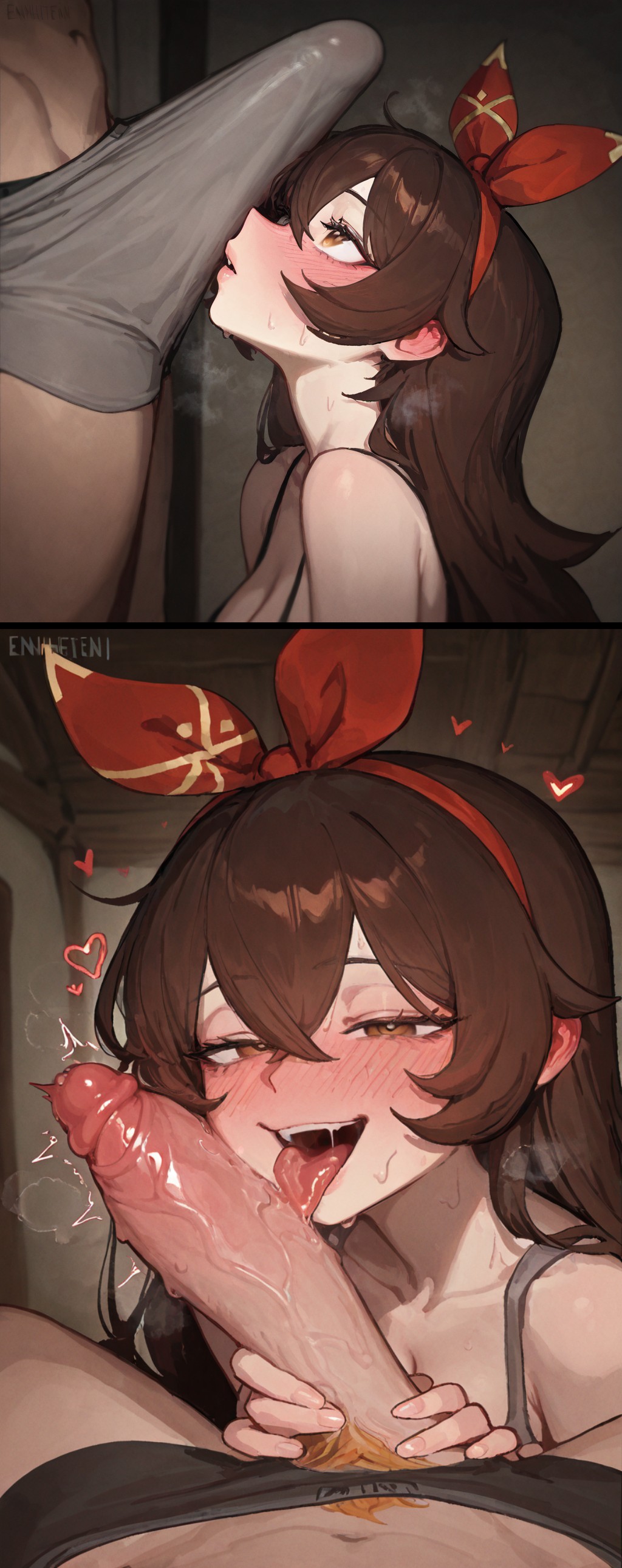 ai generated, amber (genshin impact), breath, brown eyes, brown hair, collarbone, erection, erection under clothes, erection under underwear, excited, full-face blush, genshin impact, grabbing penis, gyhmm, half-closed eyes, heart, large penis, licking, licking penis, lips, long hair, motion lines, saliva, seductive look, silly face, sweat, tongue, torn clothes, torn underwear, underwear