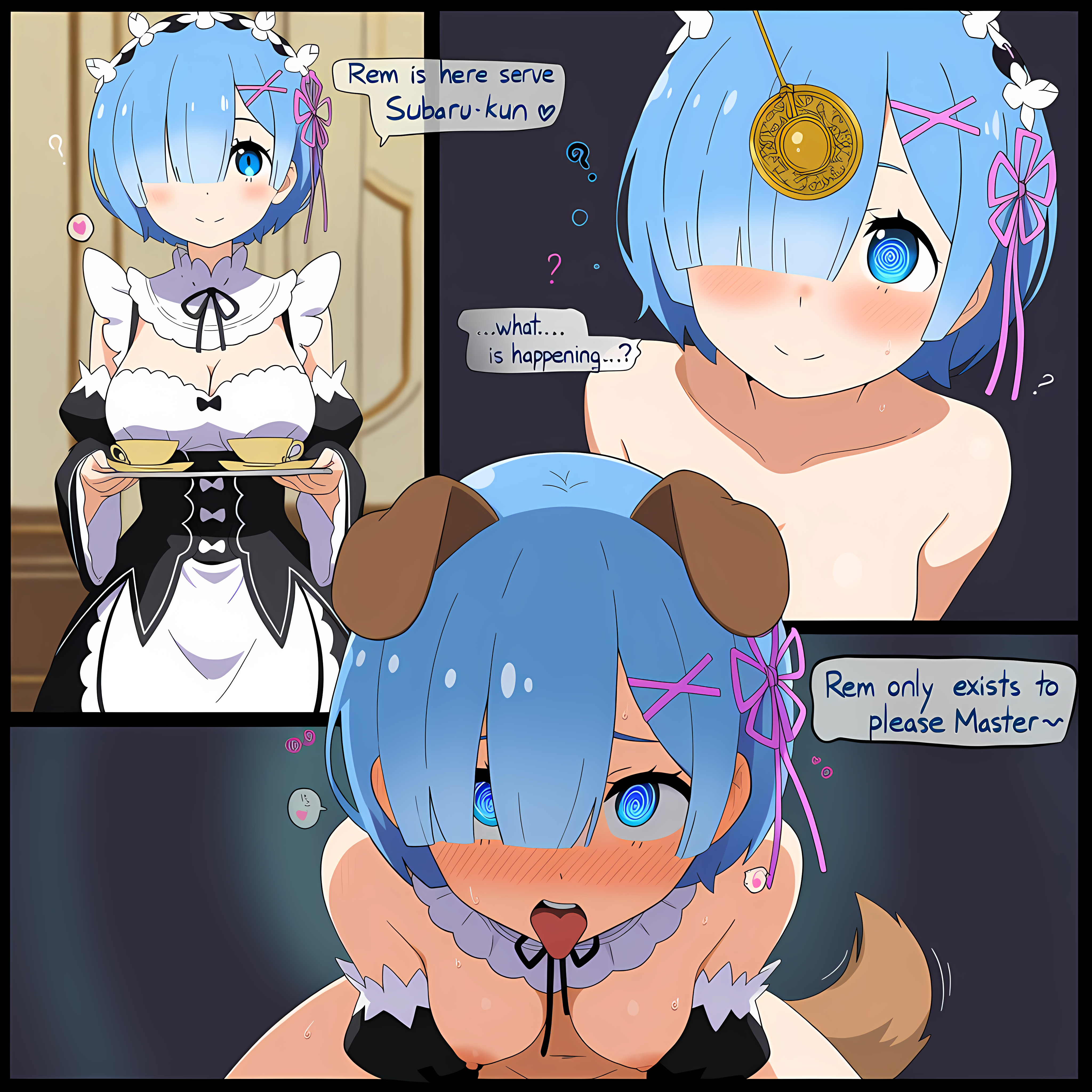 3koma, ahe gao, ai generated, blue eyes, blue hair, blush, comic, corruption, dog ears, dog tail, drooling, english text, femsub, heart-shaped pupils, hypnosis, large breasts, maid, mind break, mind control, nsfw, pendant, petplay, re:zero kara hajimeru isekai seikatsu, rem (re:zero), spiral eyes, submissive female, tongue out, torn clothes